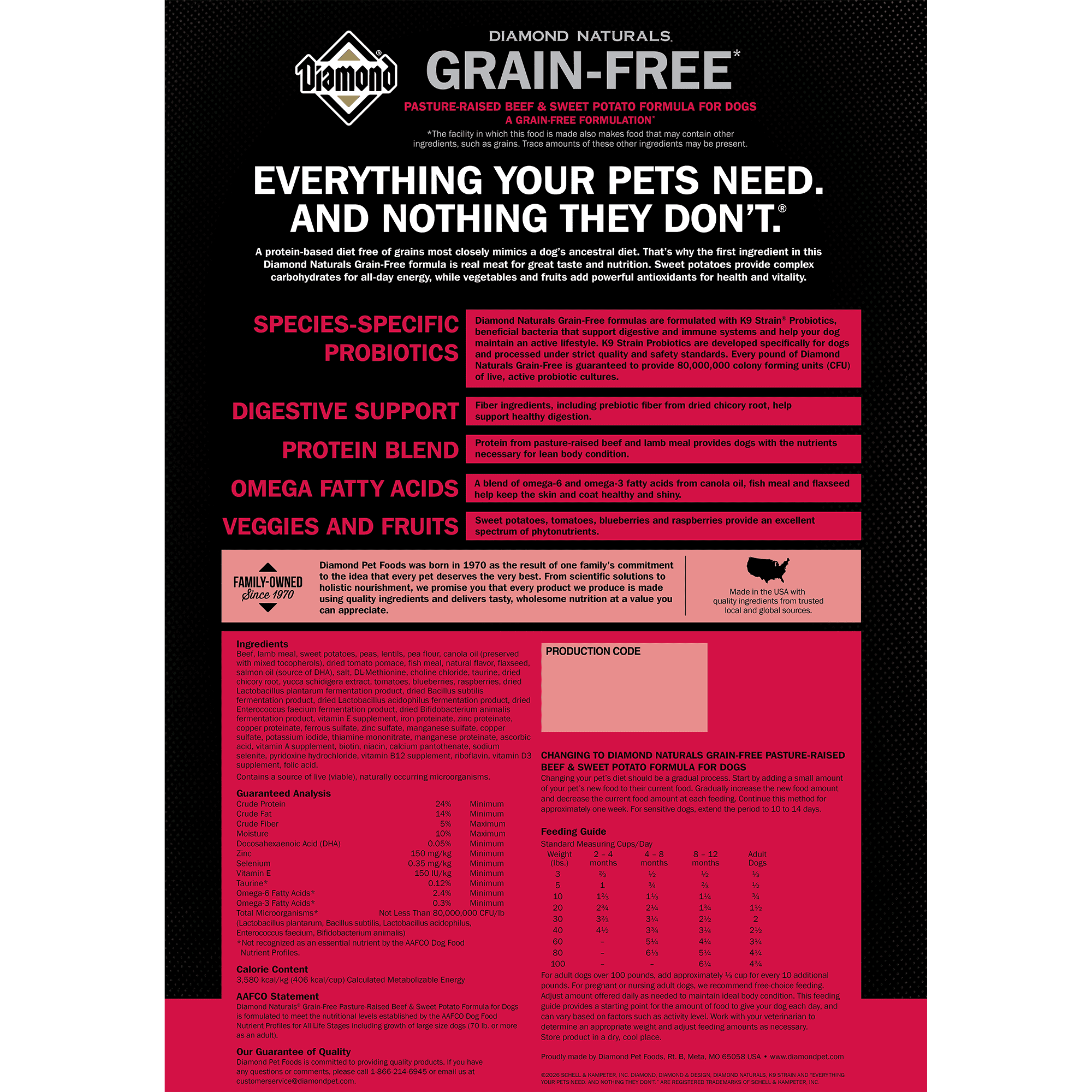 The back of a bag of Diamond Naturals Grain-Free Pasture-Raised Beef & Sweet Potato Formula for Dogs.