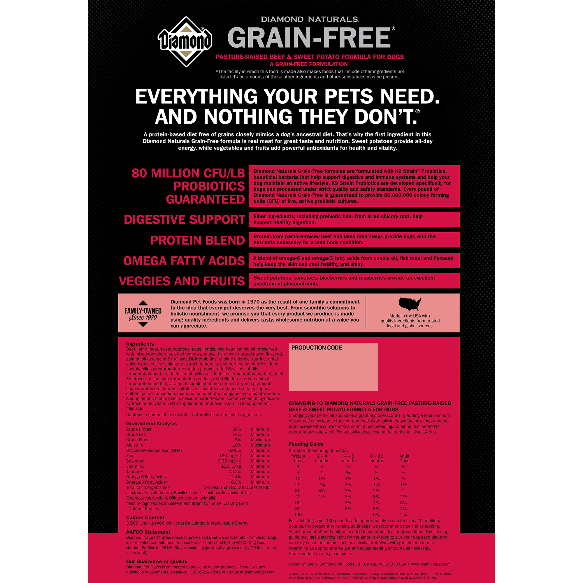 The back of a bag of Diamond Naturals Grain-Free Pasture-Raised Beef & Sweet Potato Formula for Dogs.
