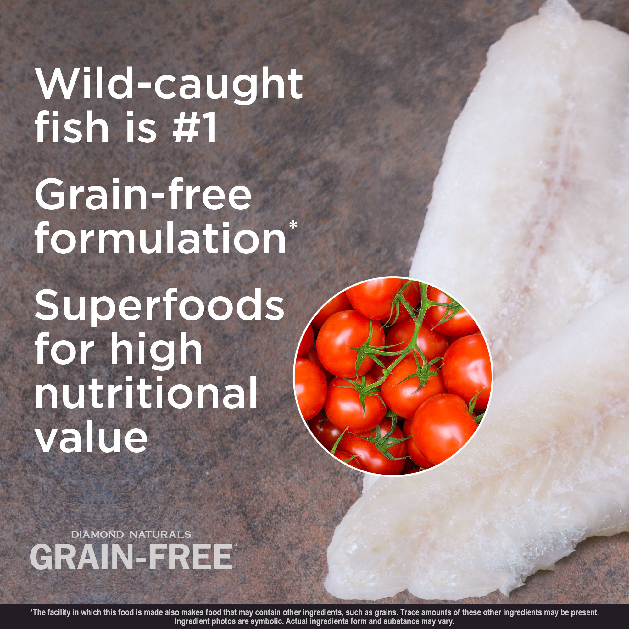 Two strips of raw wild-caught whitefish on a table with a small circular image of red tomatoes overlaid on top of the fish.