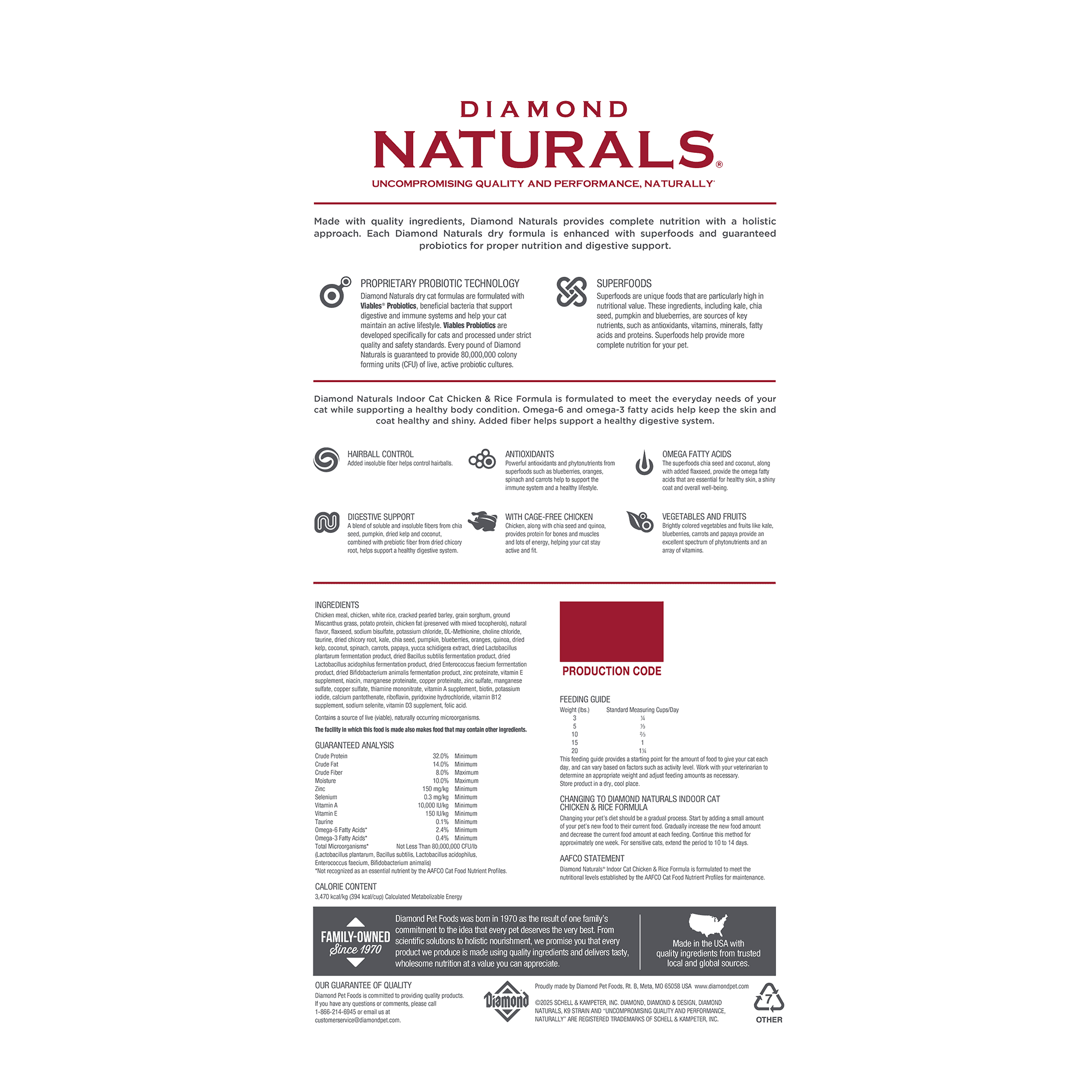 The back of a bag of Diamond Naturals Indoor Cat Chicken & Rice Formula.