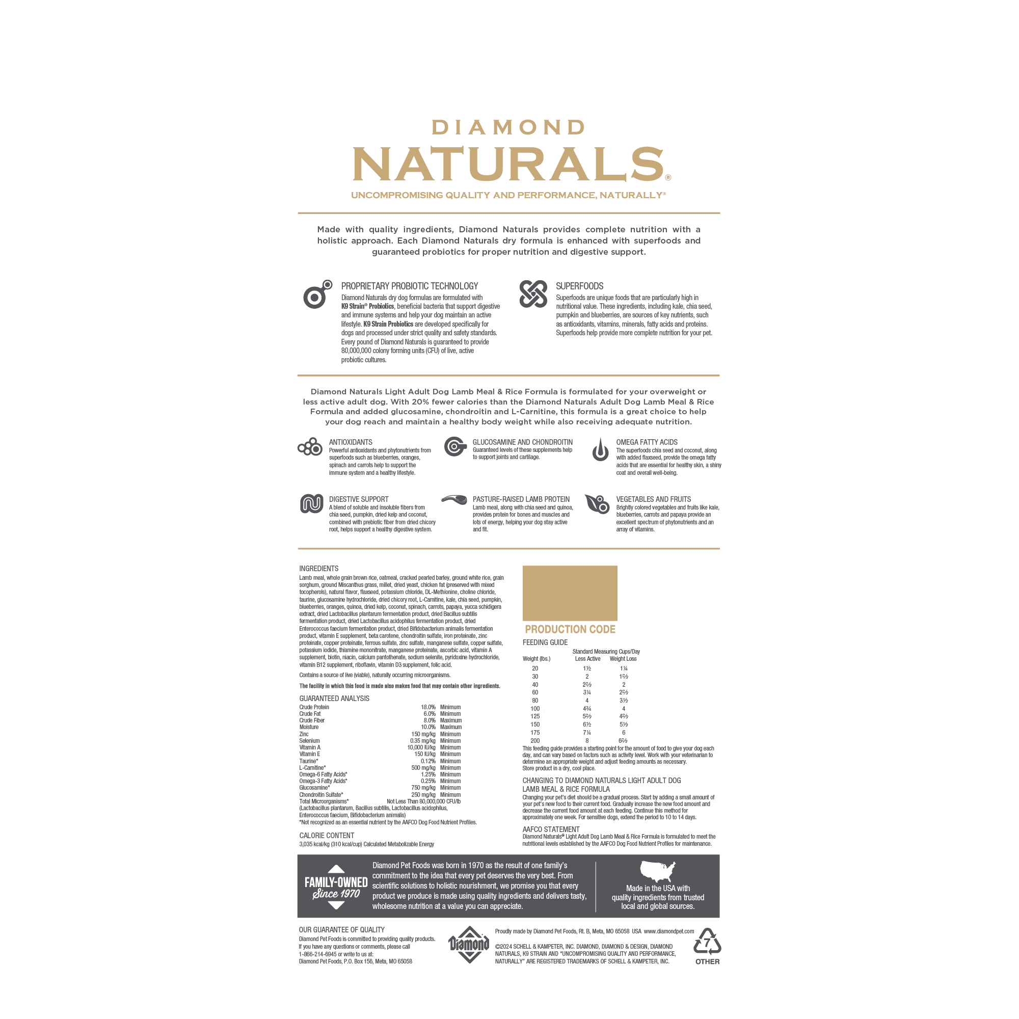 The back of a bag of Diamond Naturals Light Adult Dog Lamb Meal & Rice Formula.