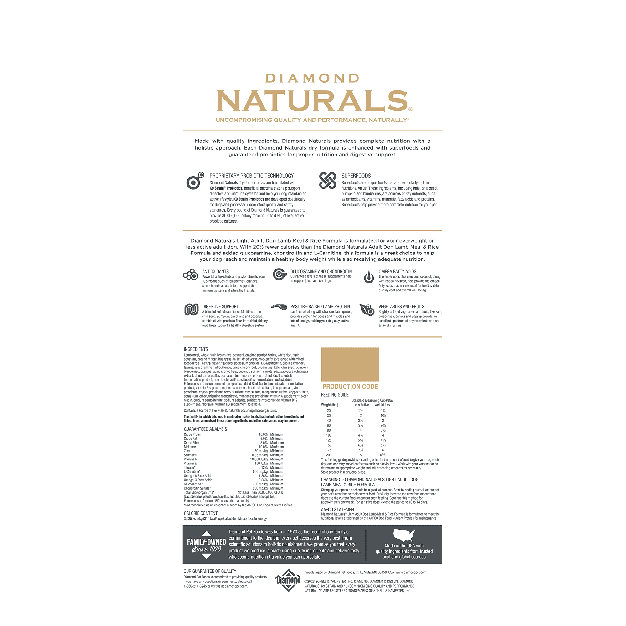 The back of a bag of Diamond Naturals Light Adult Dog Lamb Meal & Rice Formula.