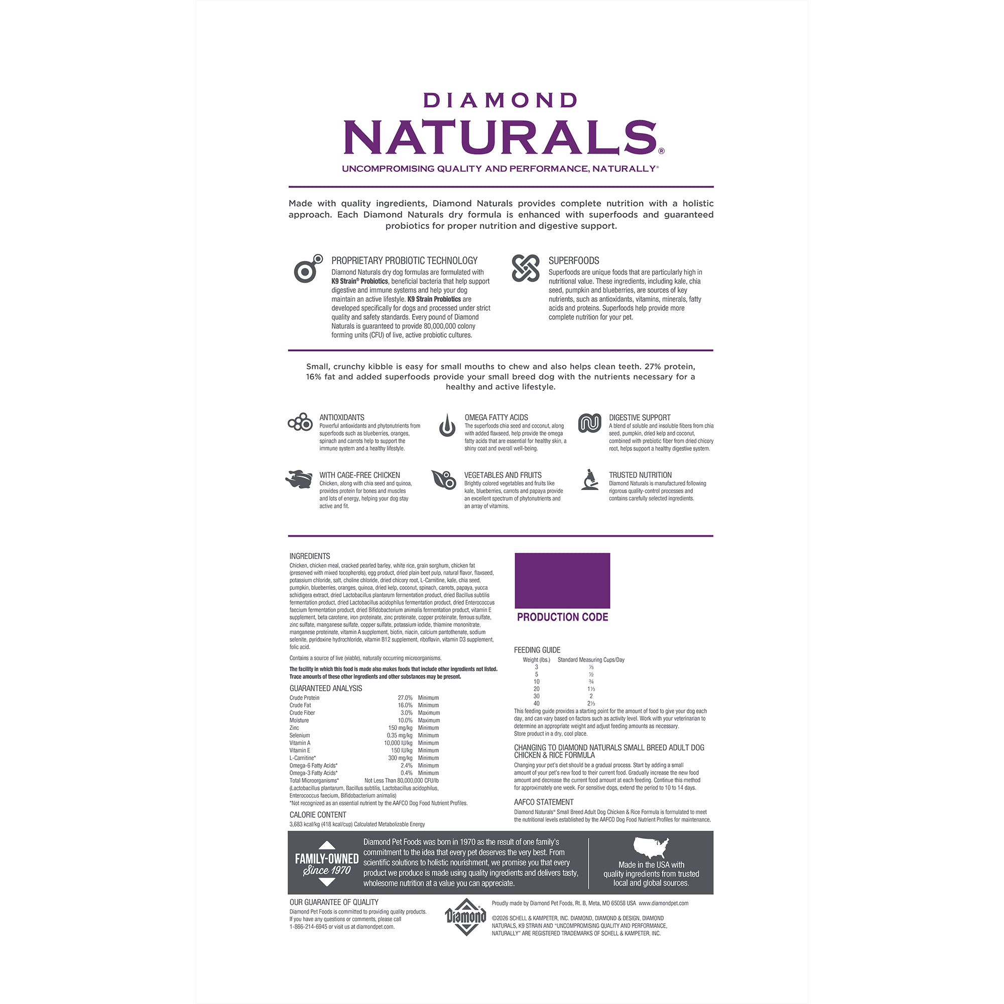 The back of a bag of Diamond Naturals Small Breed Adult Dog Chicken & Rice Formula.