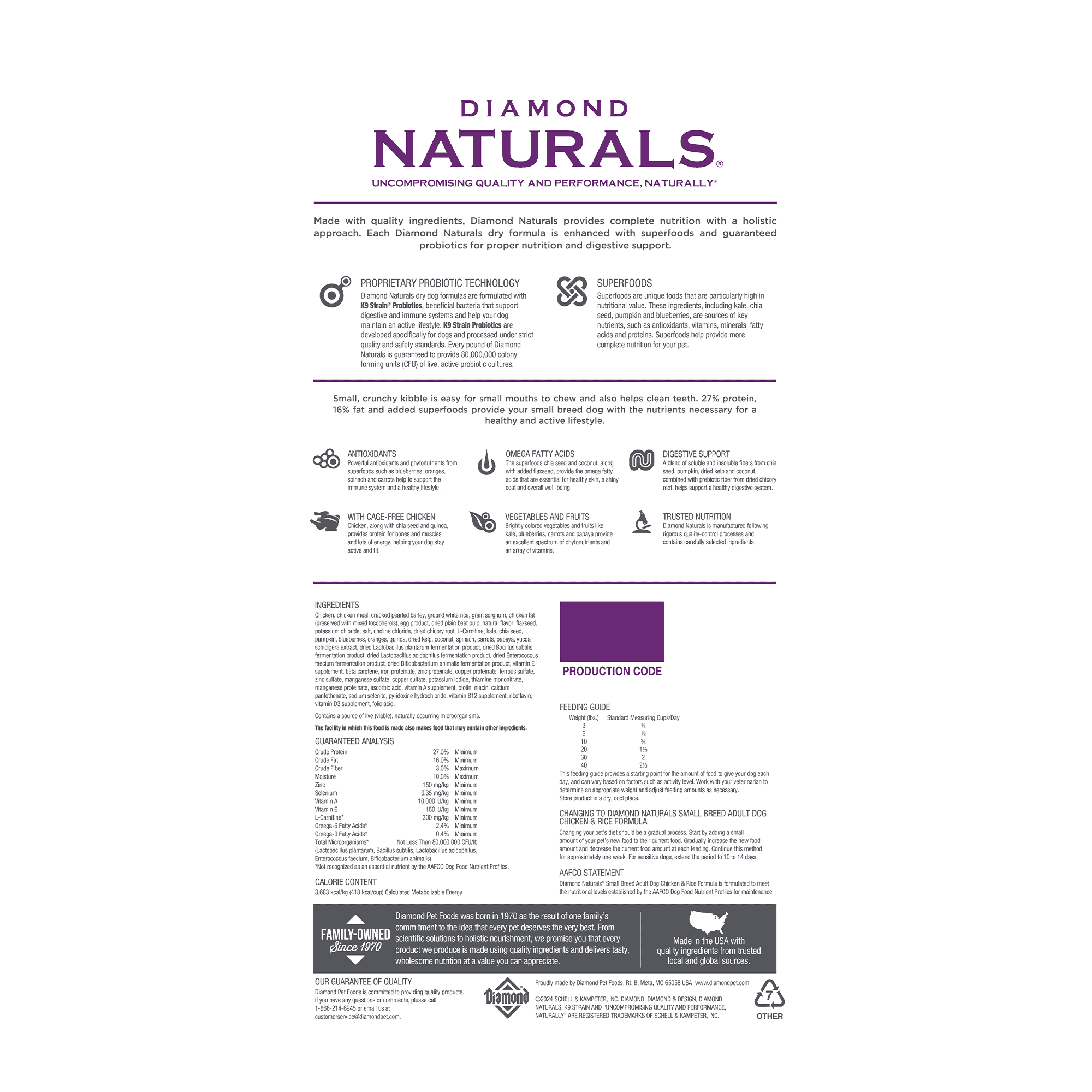The back of a bag of Diamond Naturals Small Breed Adult Dog Chicken & Rice Formula.