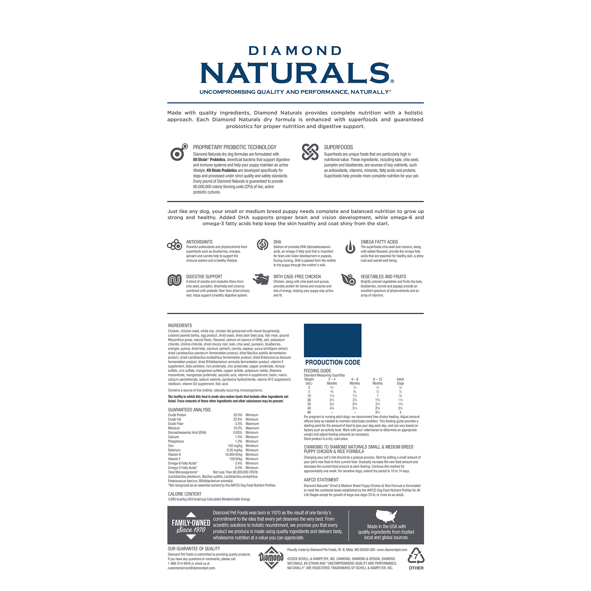 The back of a bag of Diamond Naturals Small & Medium Breed Puppy Chicken & Rice Formula.