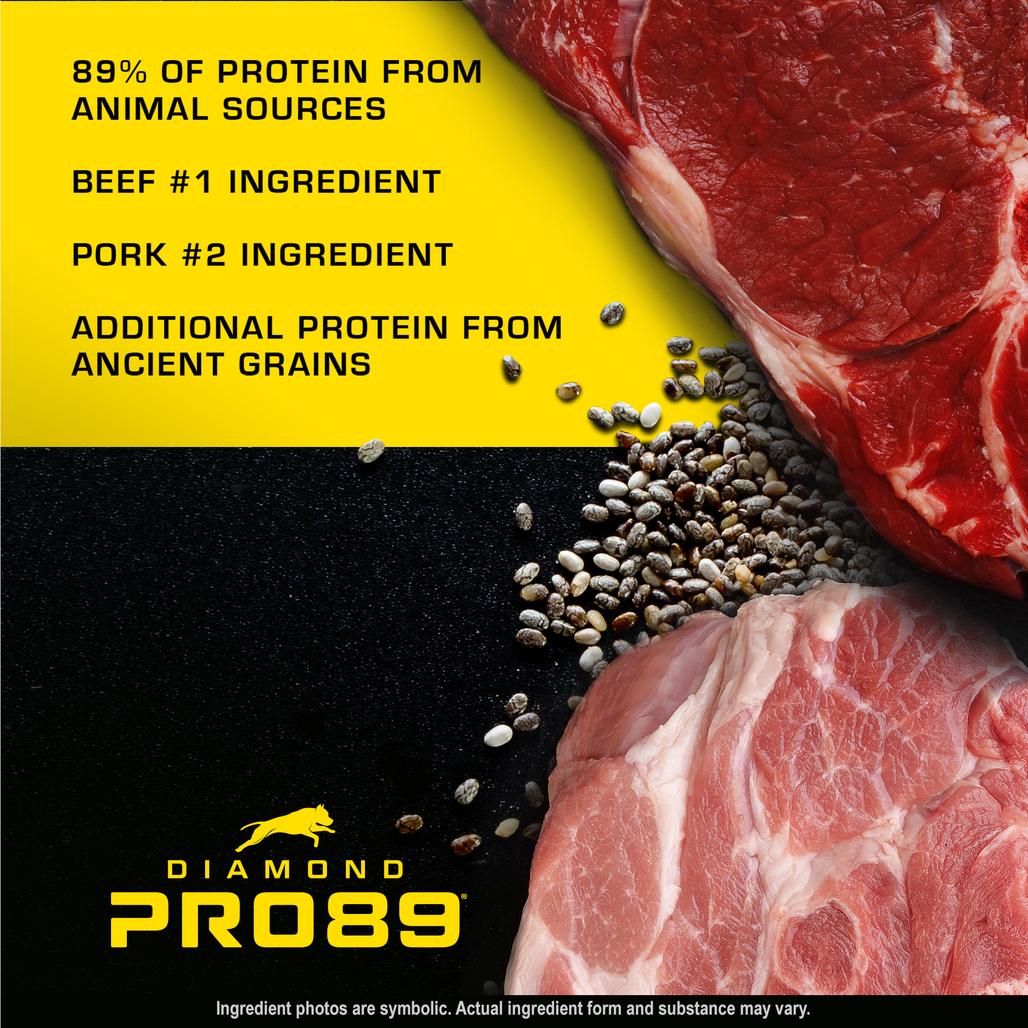 A single cut of beef and a single cut of pork over a pile of grain sorghum, millet, quinoa and chia seeds.