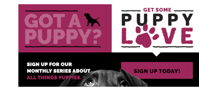 An interior graphic encouraging users to sign up for the monthly Puppy Love email series.