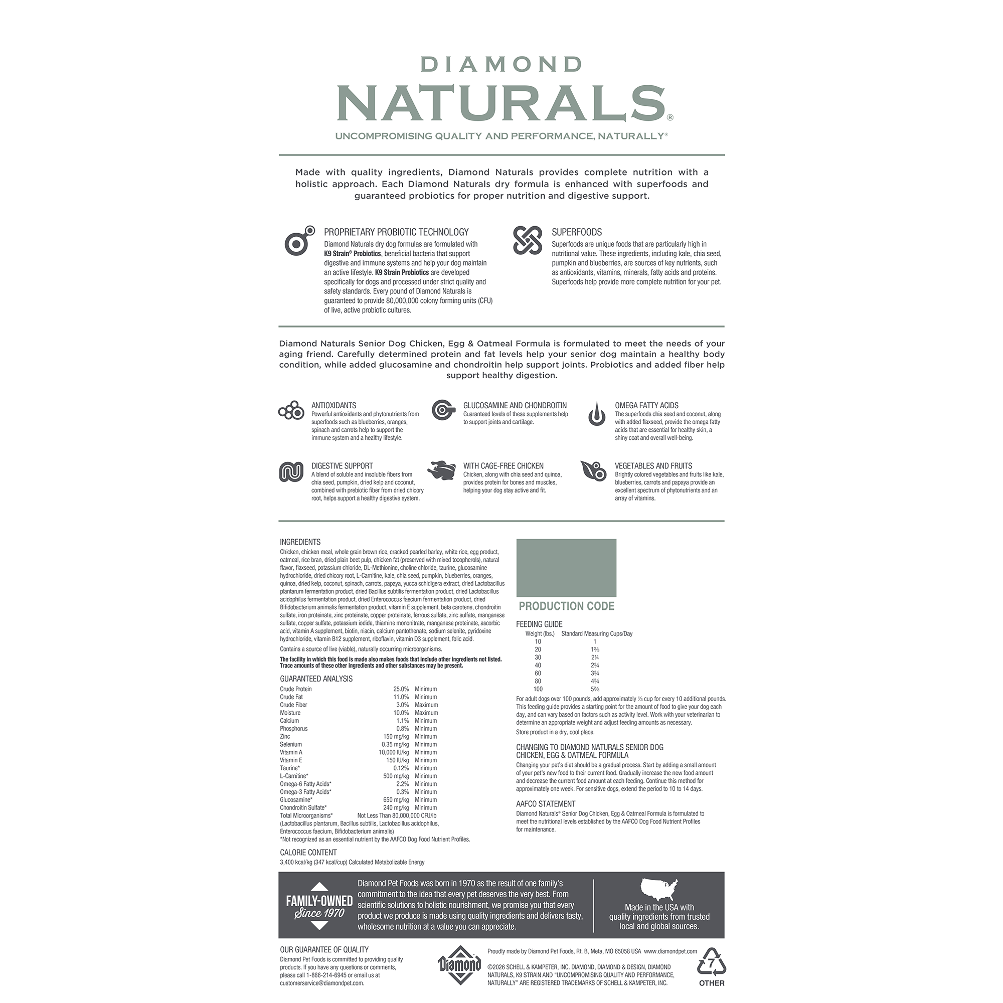 The back of a bag of Diamond Naturals Senior Dog Chicken, Egg & Oatmeal Formula.