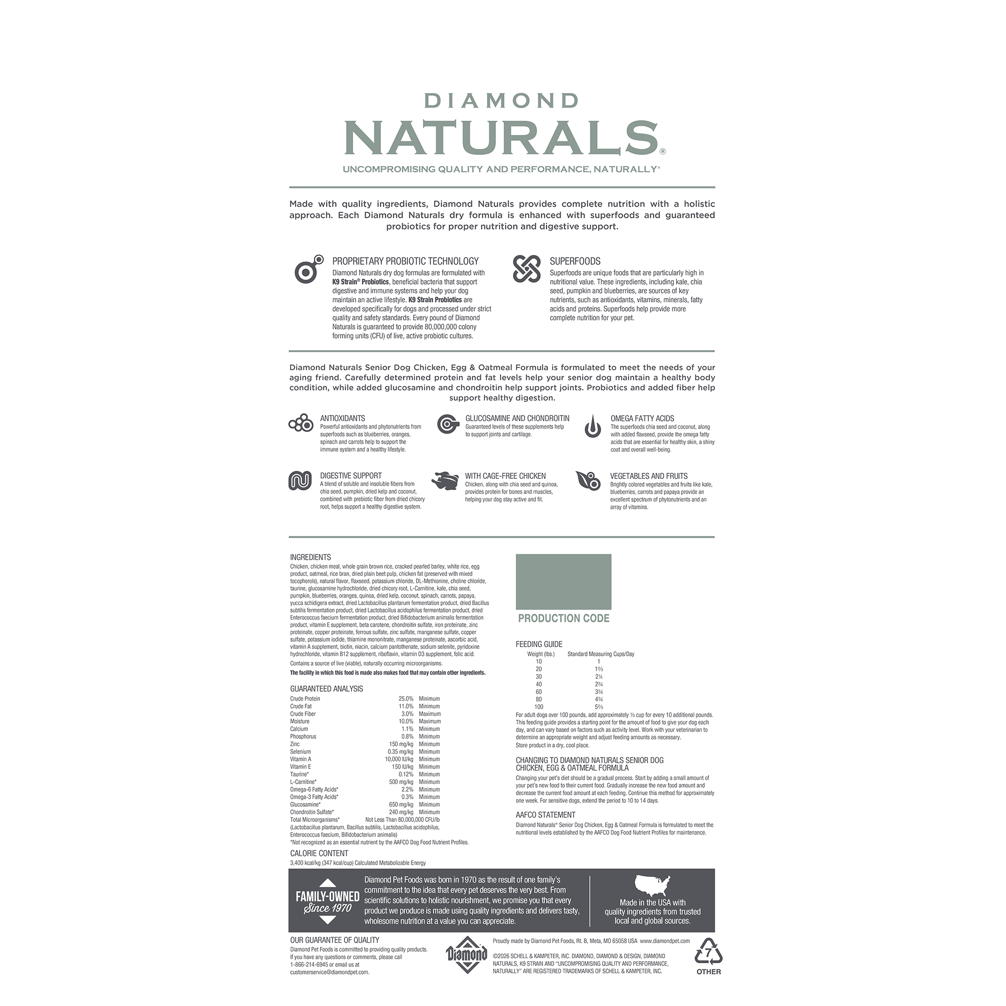 The back of a bag of Diamond Naturals Senior Dog Chicken, Egg & Oatmeal Formula.