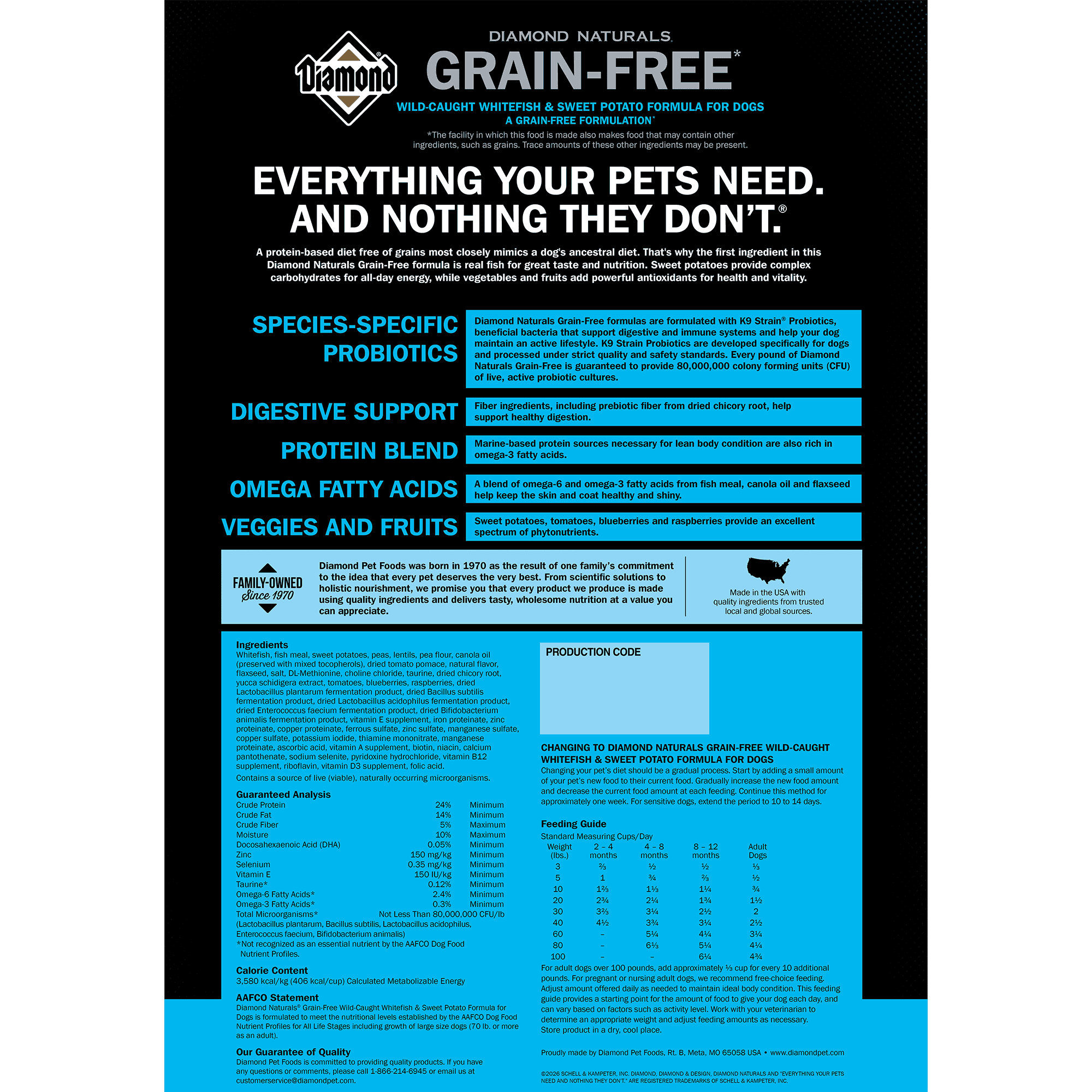 The back of a bag of Diamond Naturals Grain-Free Wild-Caught Whitefish & Sweet Potato Formula for Dogs.