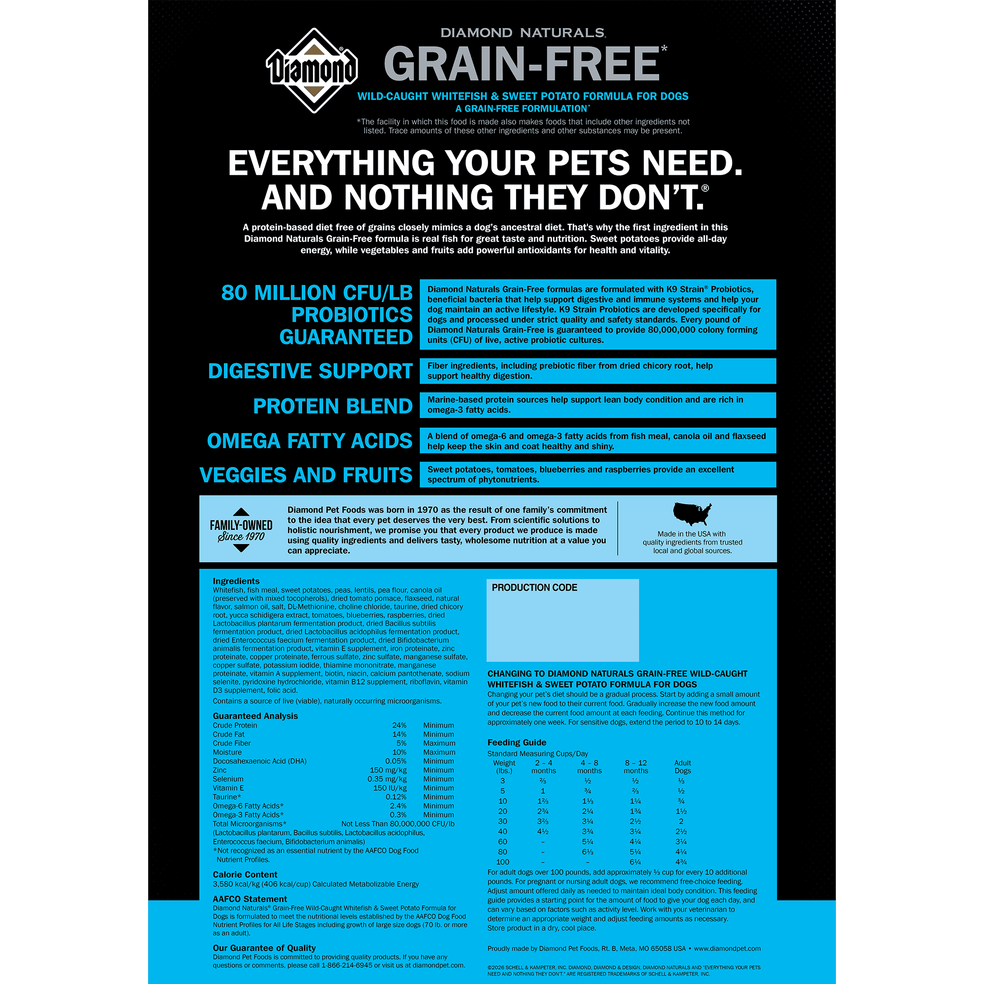 The back of a bag of Diamond Naturals Grain-Free Wild-Caught Whitefish & Sweet Potato Formula for Dogs.