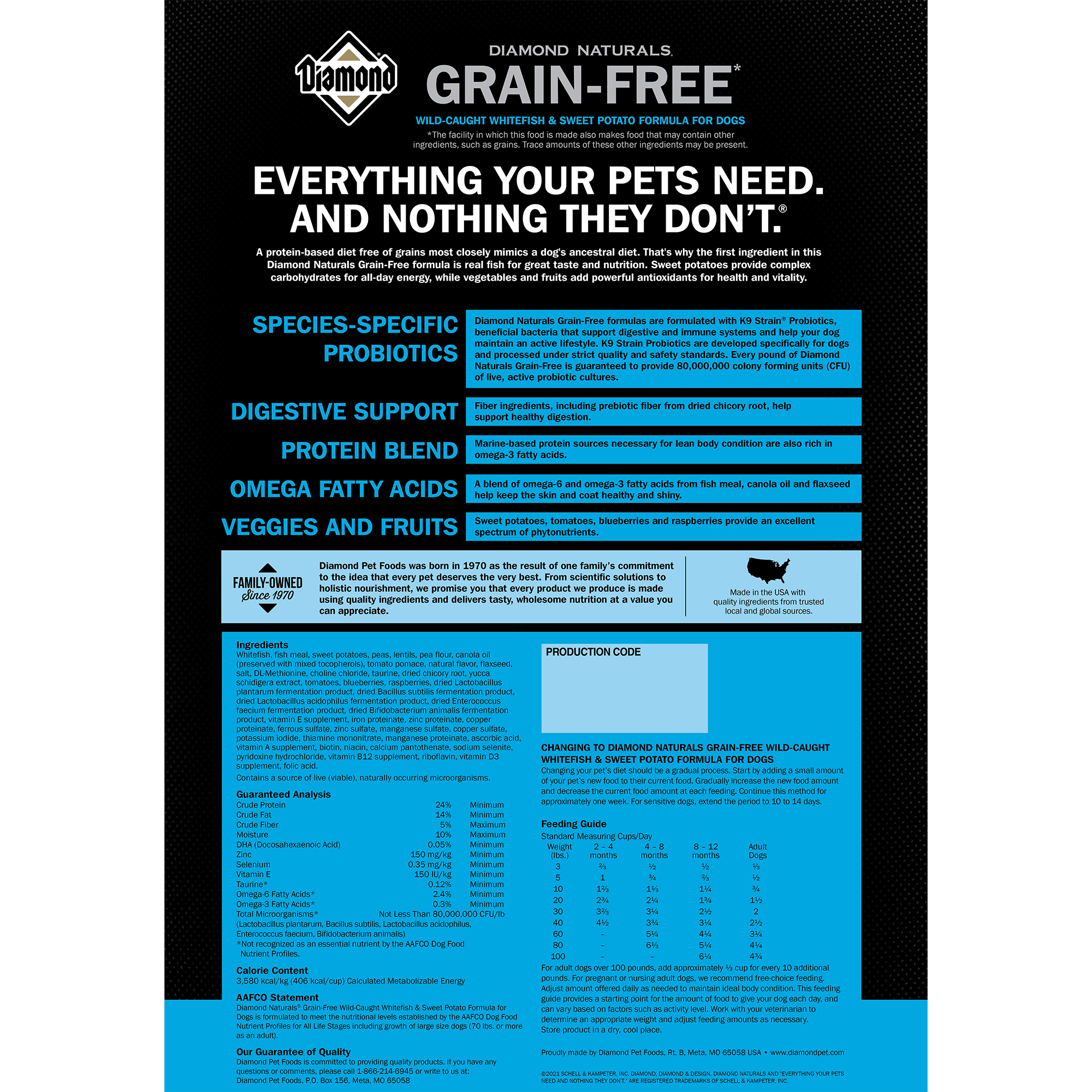 The back of a bag of Diamond Naturals Grain-Free Wild-Caught Whitefish & Sweet Potato Formula for Dogs.
