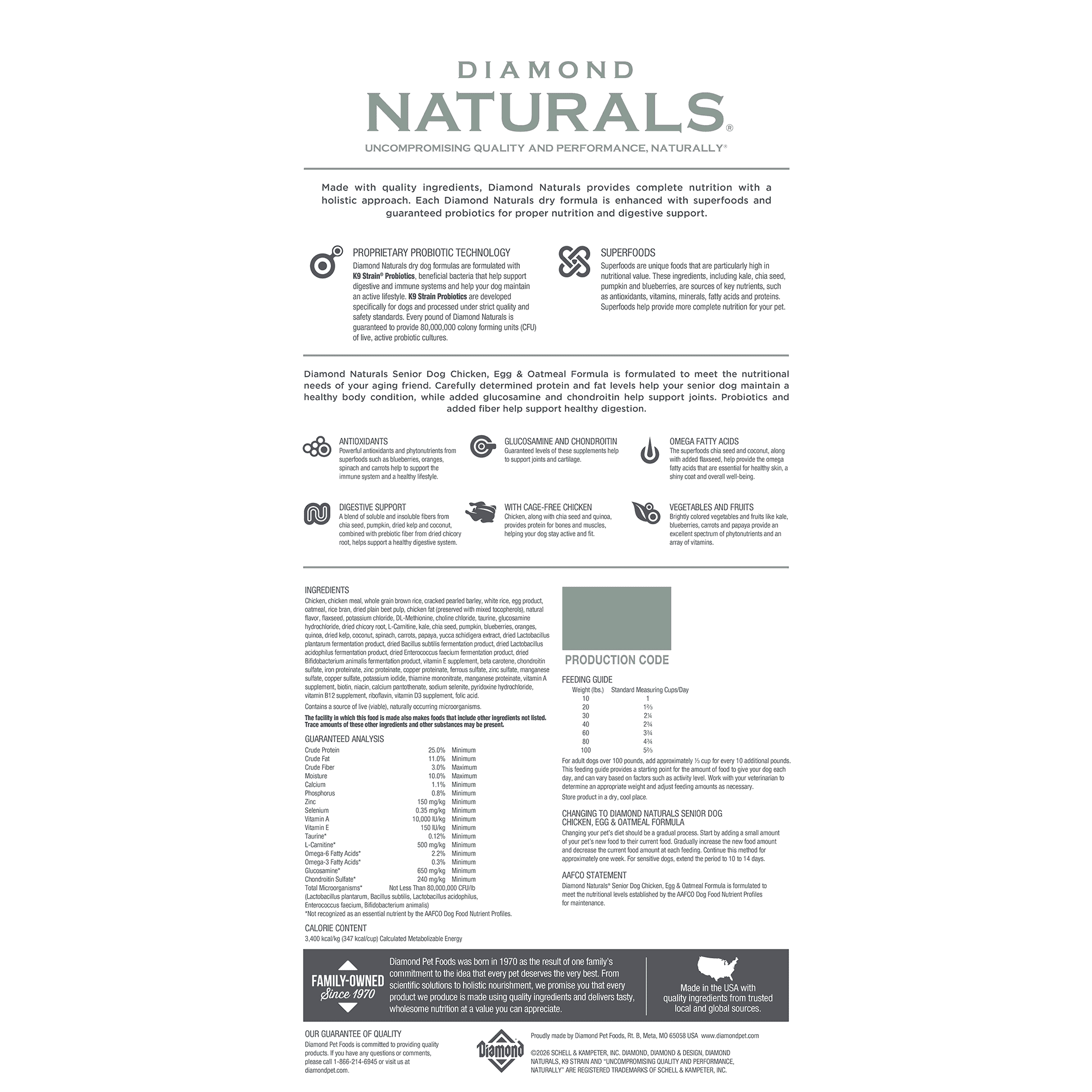 The back of a bag of Diamond Naturals Senior Dog Chicken, Egg & Oatmeal Formula.