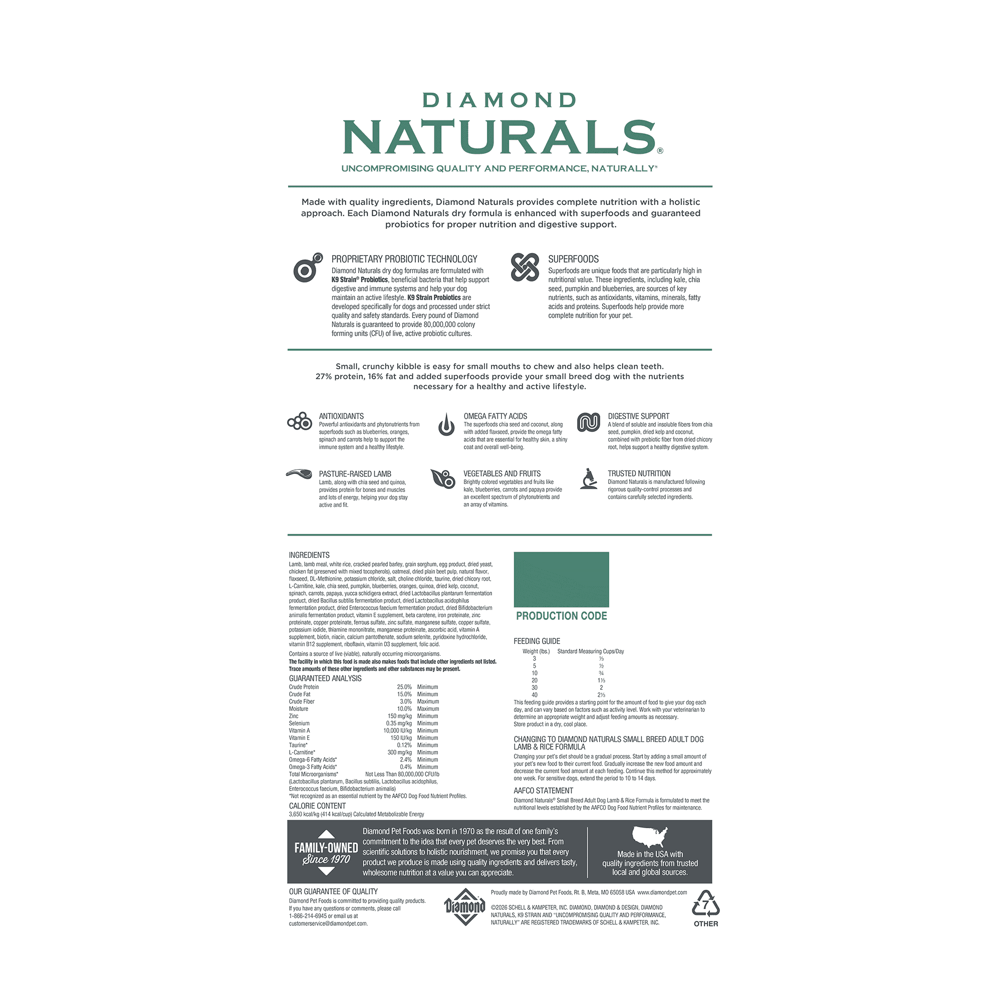 The back of a bag of Diamond Naturals Small Breed Adult Dog Lamb & Rice Formula.