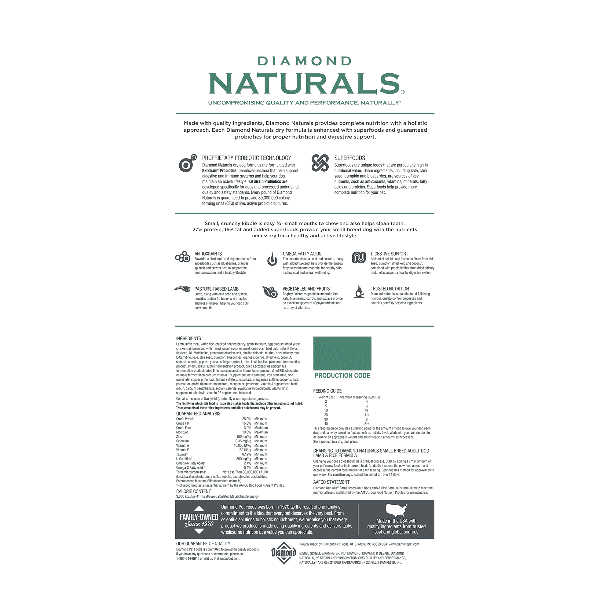 The back of a bag of Diamond Naturals Small Breed Adult Dog Lamb & Rice Formula.