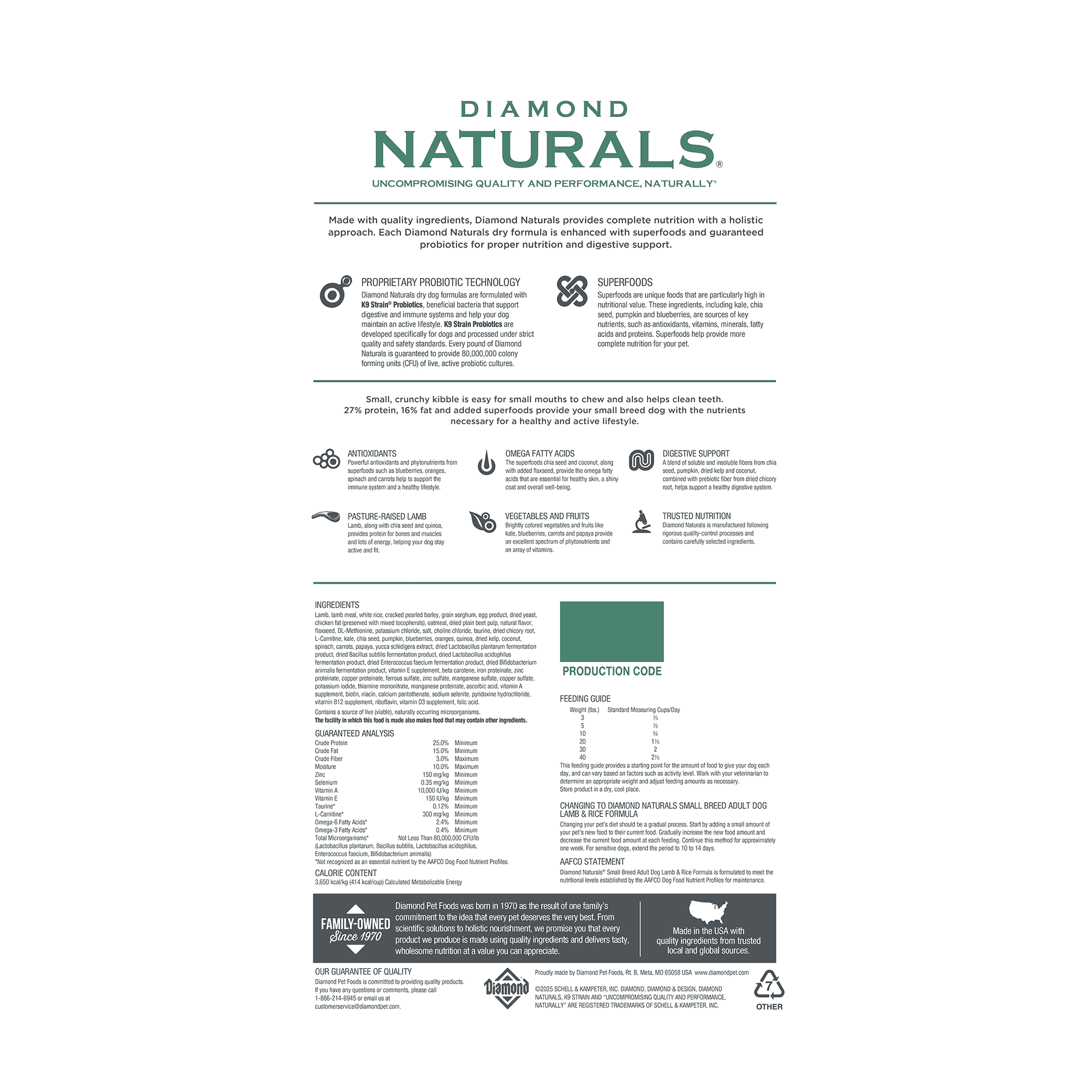 The back of a bag of Diamond Naturals Small Breed Adult Dog Lamb & Rice Formula.