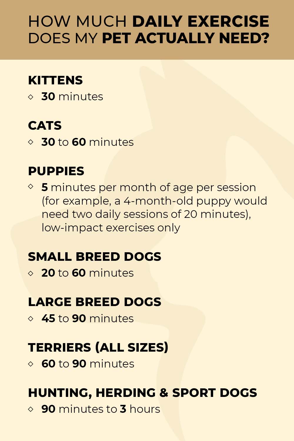 An interior infographic detailing how much daily exercise pets need.