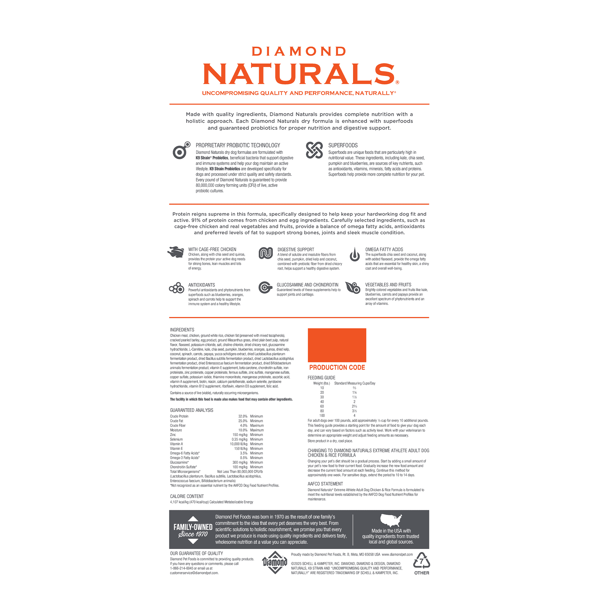 The back of a bag of Diamond Naturals Extreme Athlete Adult Dog Chicken & Rice Formula.