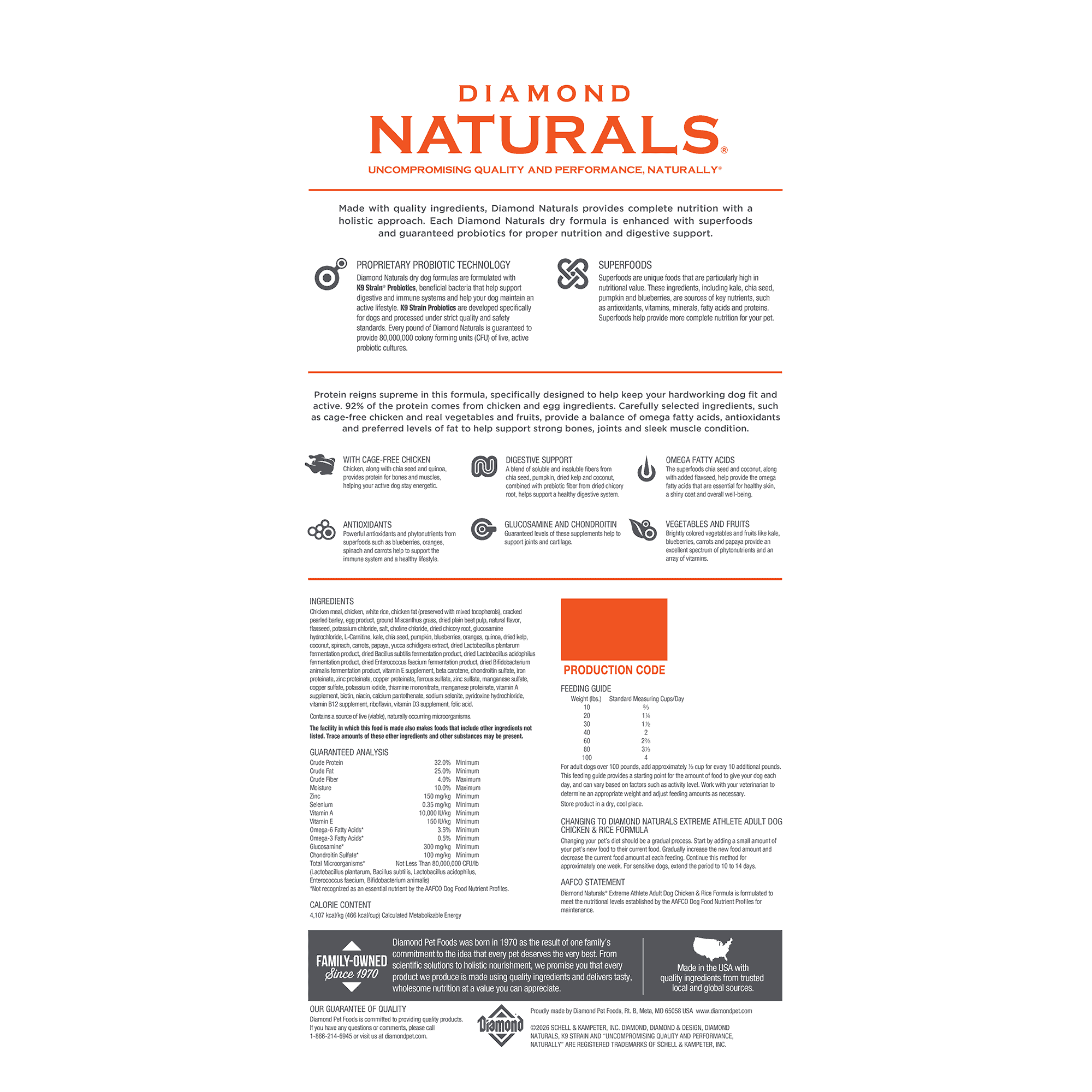 The back of a bag of Diamond Naturals Extreme Athlete Adult Dog Chicken & Rice Formula.
