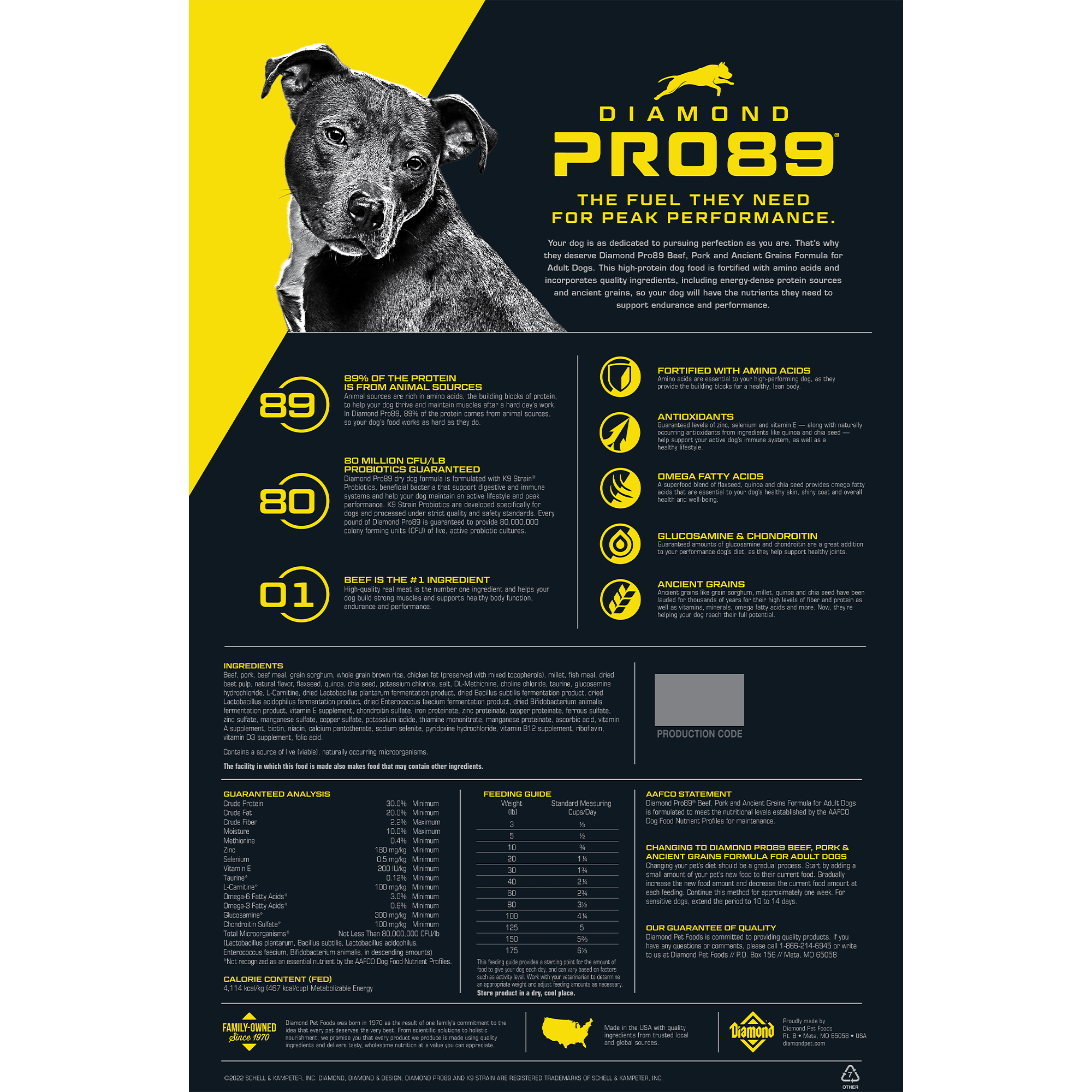 Diamond Pro89 Beef, Pork & Ancient Grains Formula for Adult Dogs Bag Back | Diamond Pet Foods