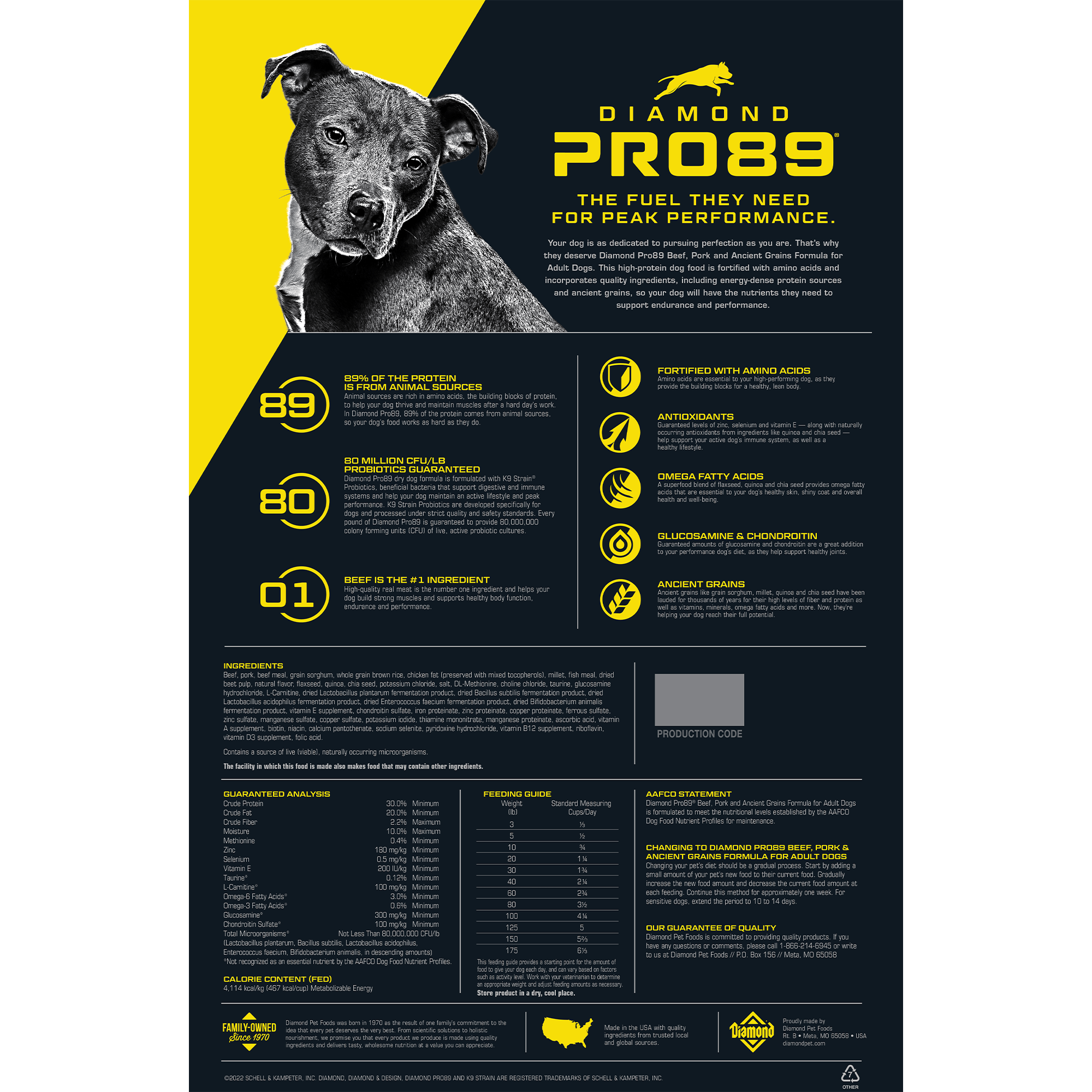 The back of a bag of Diamond Pro89 Beef, Pork & Ancient Grains Formula for Adult Dogs.