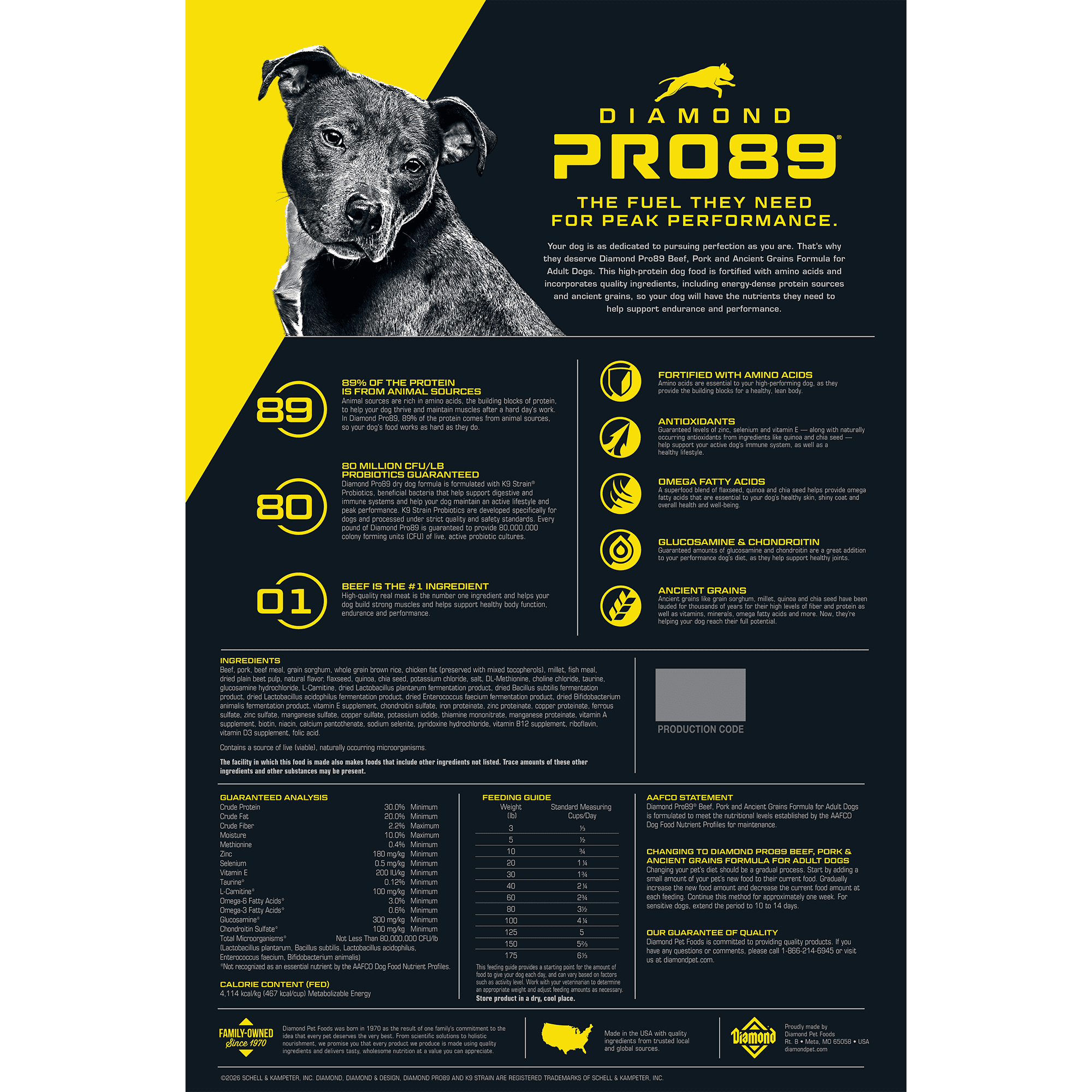 The back of a bag of Diamond Pro89 Beef, Pork & Ancient Grains Formula for Adult Dogs.