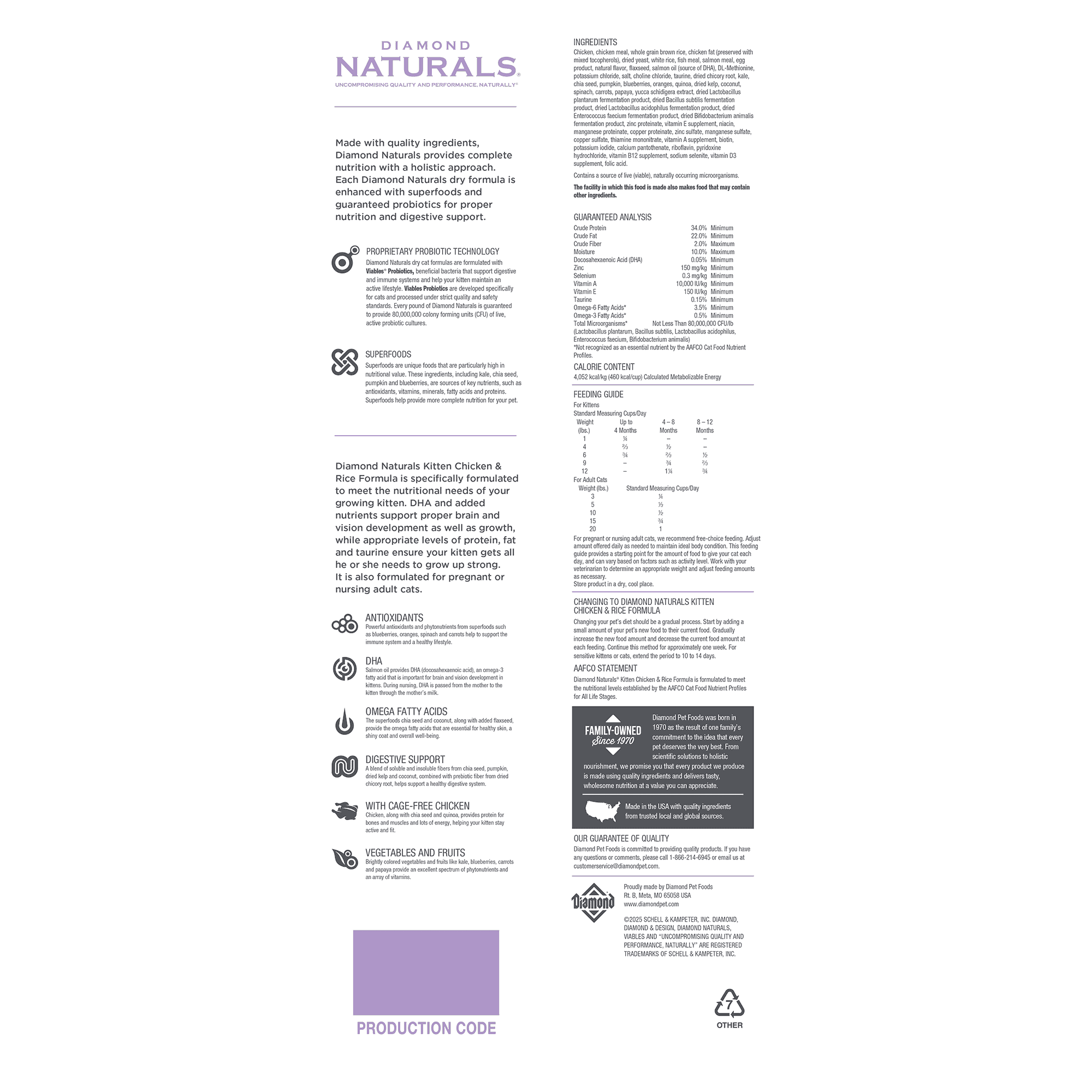 Diamond Naturals Kitten Chicken & Rice Formula bag back.