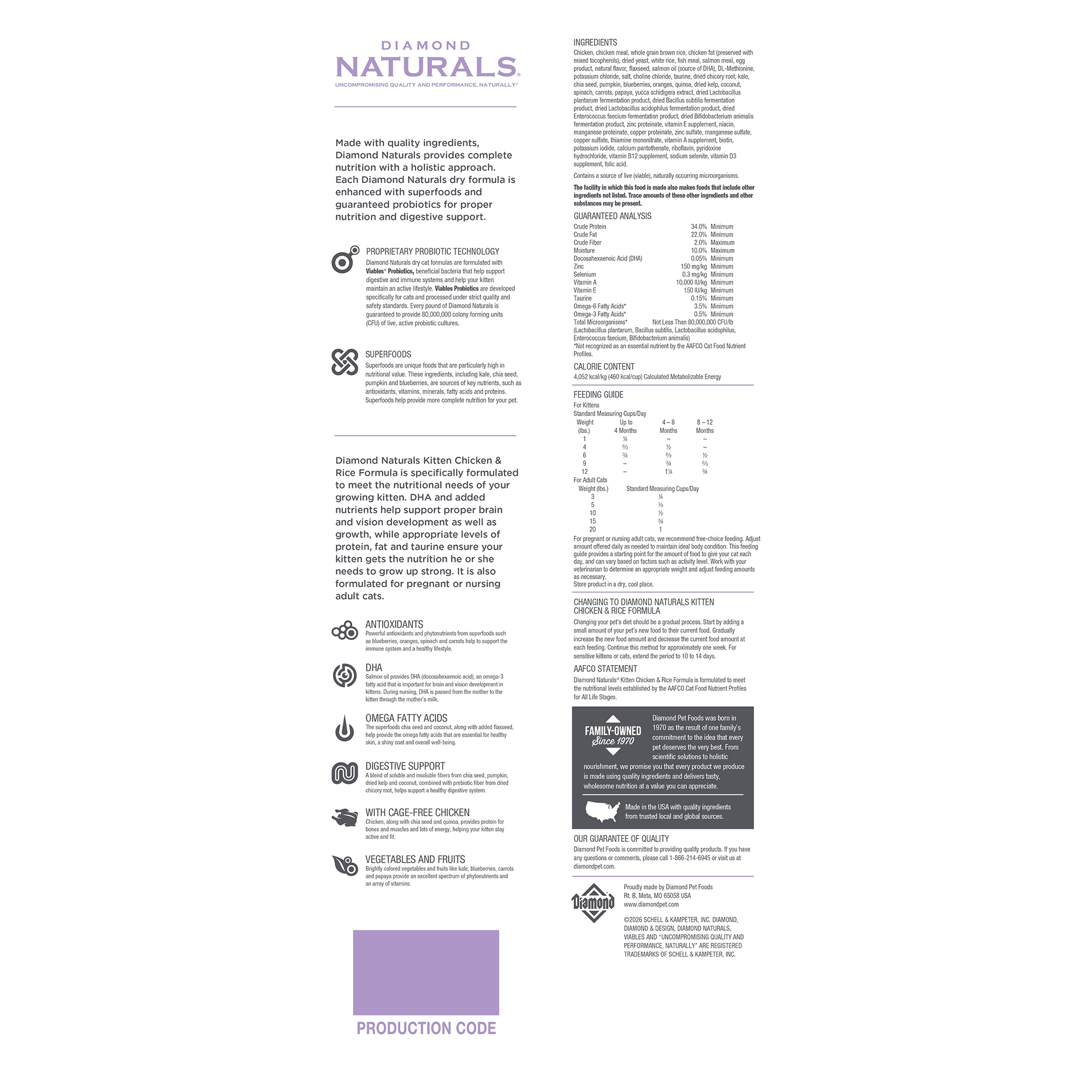 Diamond Naturals Kitten Chicken & Rice Formula bag back.