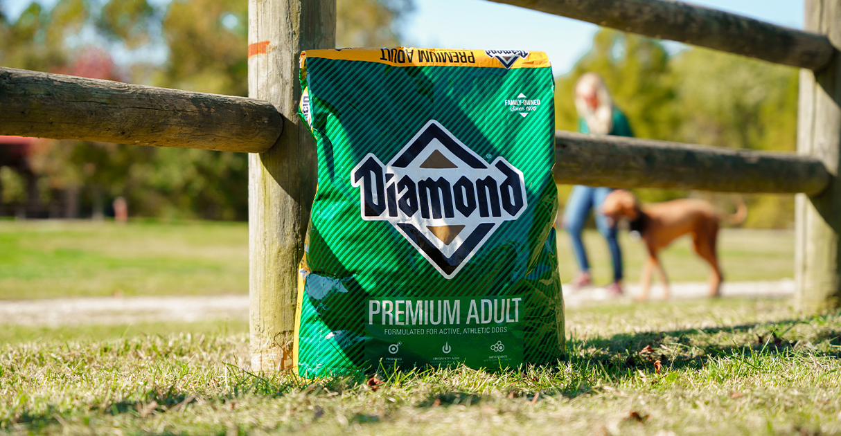 Diamond Premium Adult Bag Next to Fence Graphic | Diamond Pet Foods