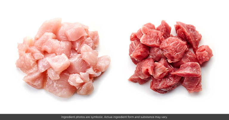 A pile of diced chicken and a pile of diced beef lying on a white background.