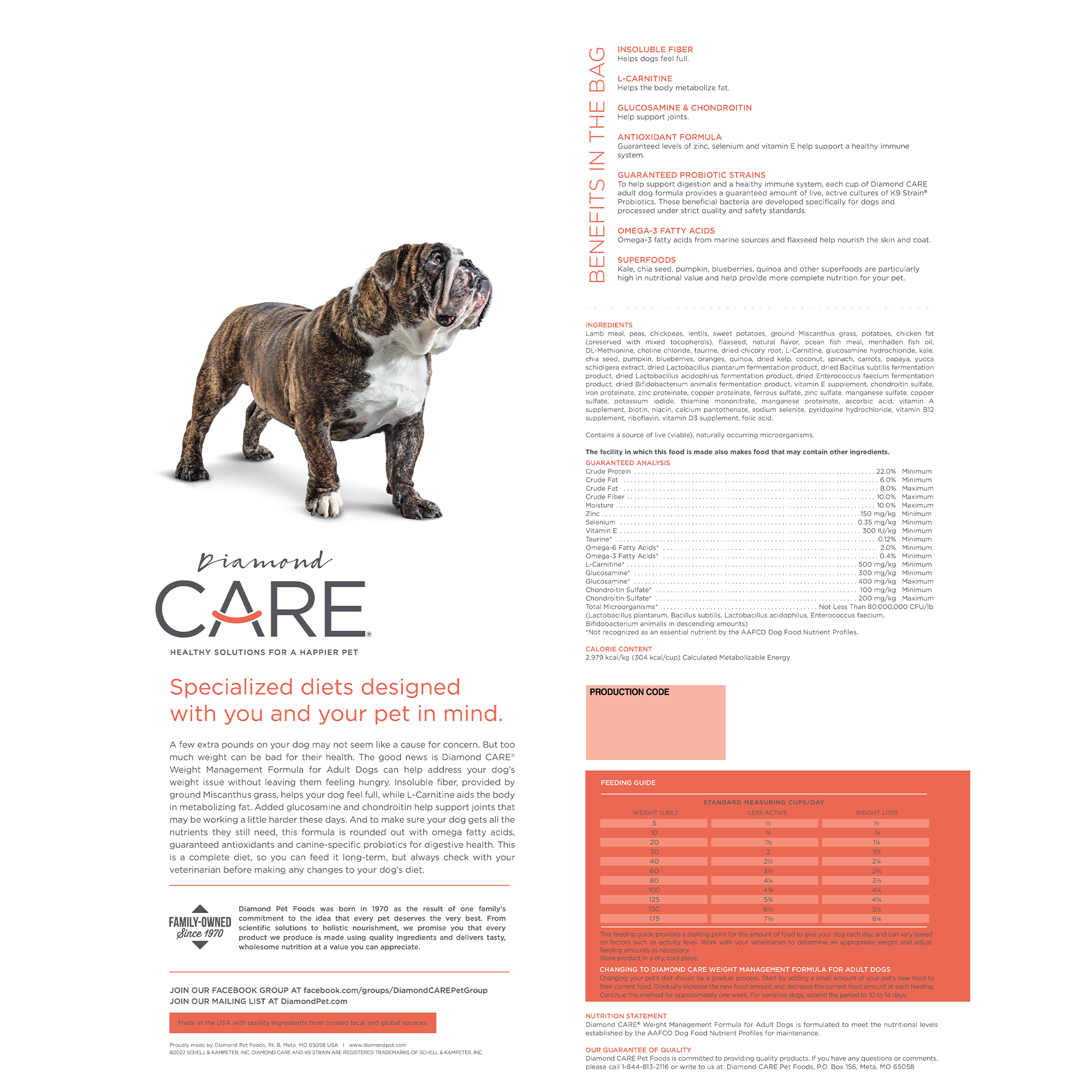 Diamond CARE Weight Management Formula for Adult Dogs Bag Back | Diamond CARE