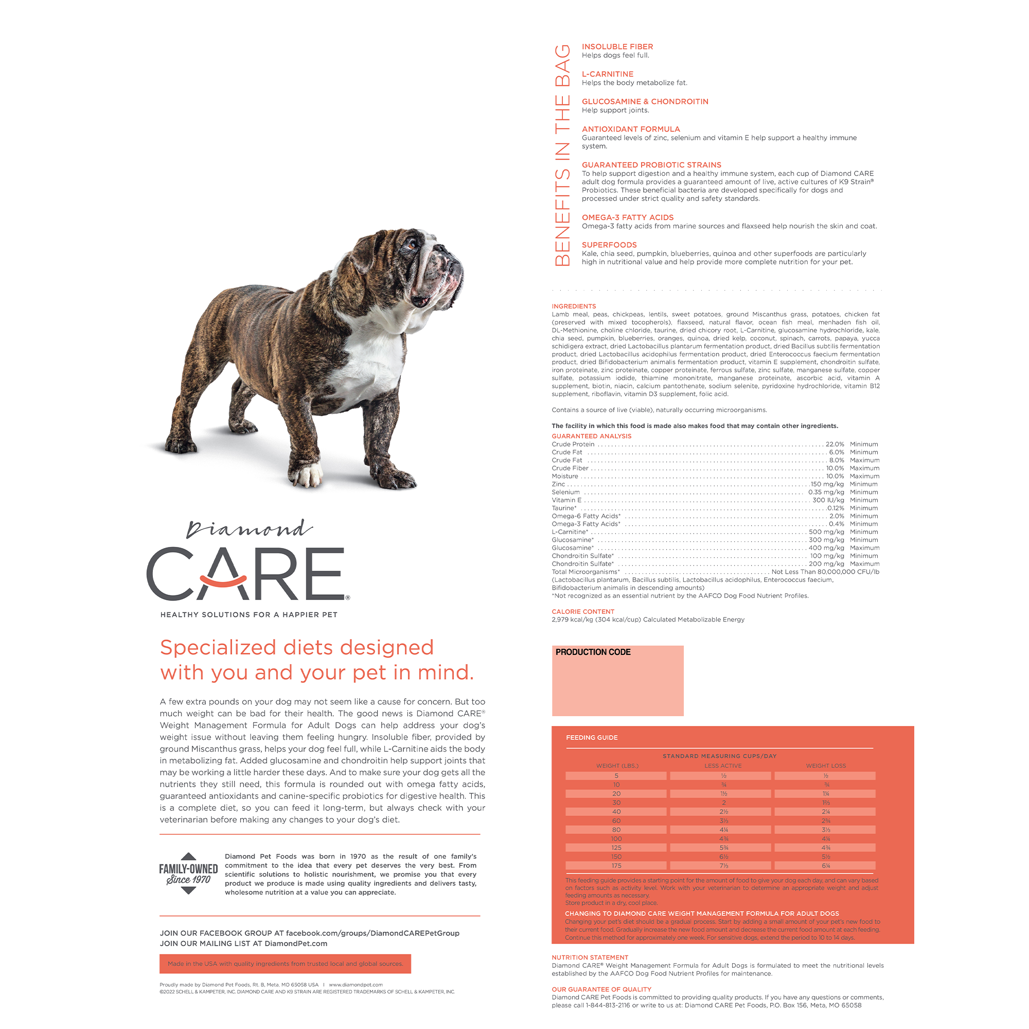 The back of a bag of Diamond Care Weight Management Formula for Adult Dogs.