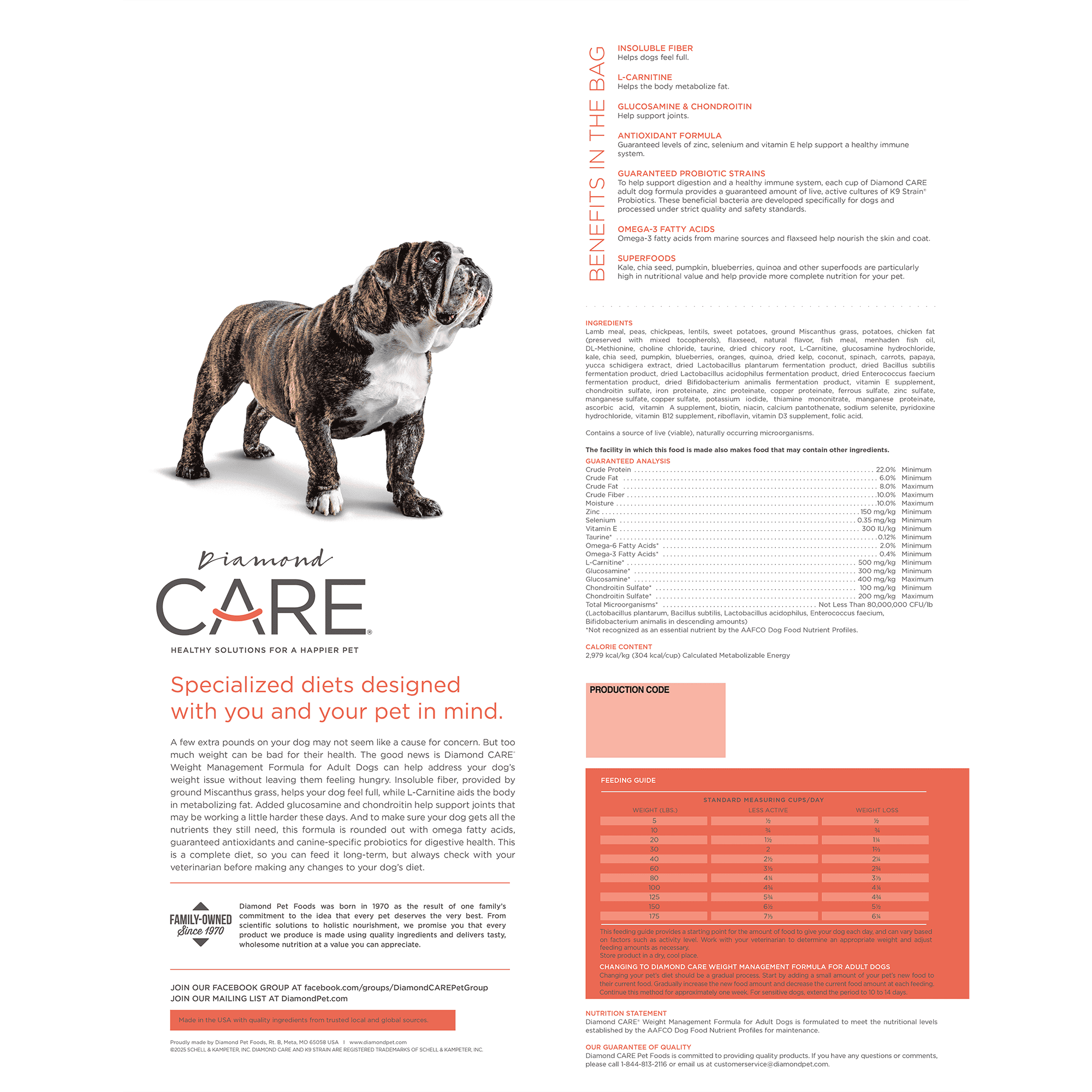 The back of a bag of Diamond Care Weight Management Formula for Adult Dogs.