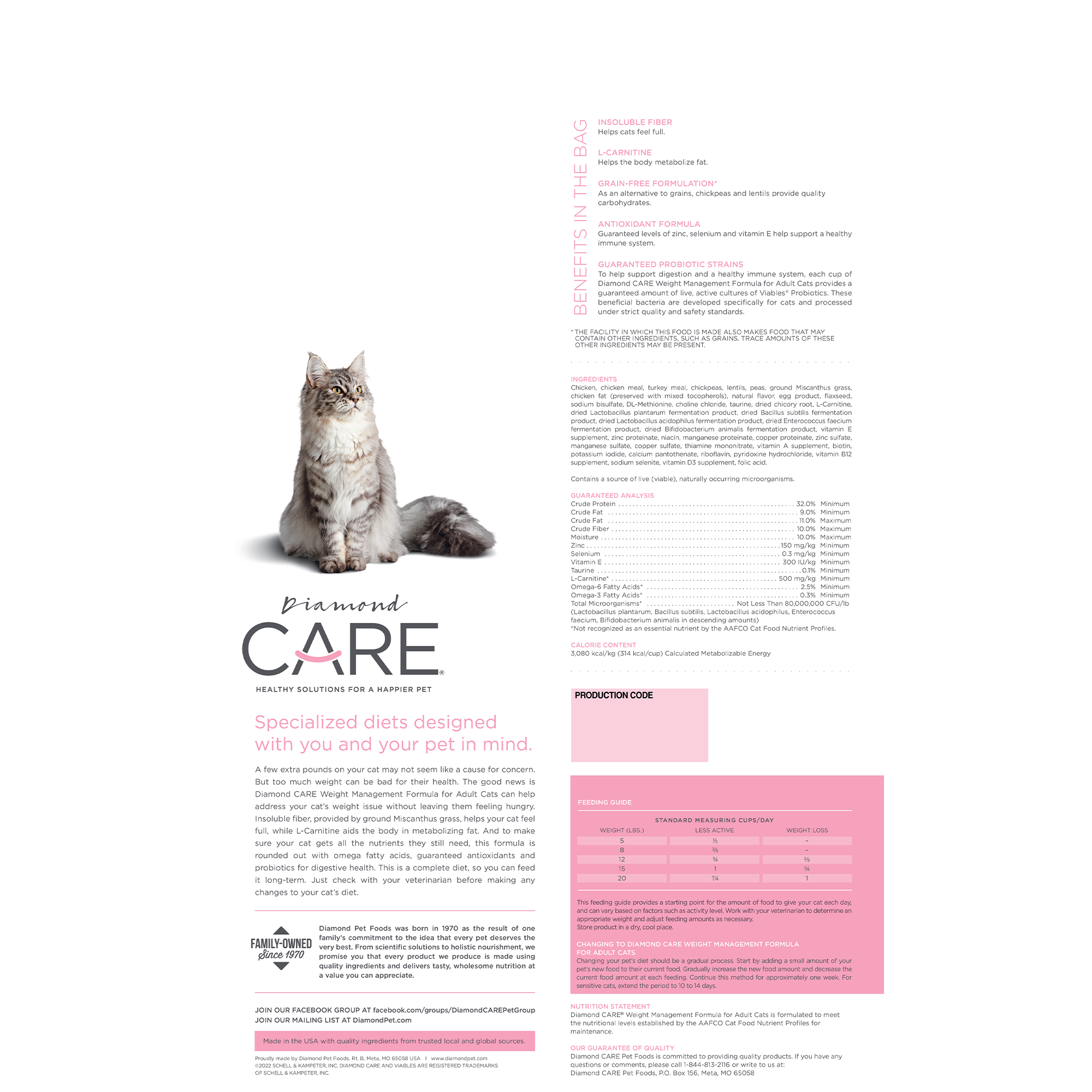 Diamond CARE Weight Management for Cat bag back | Diamond Pet Foods