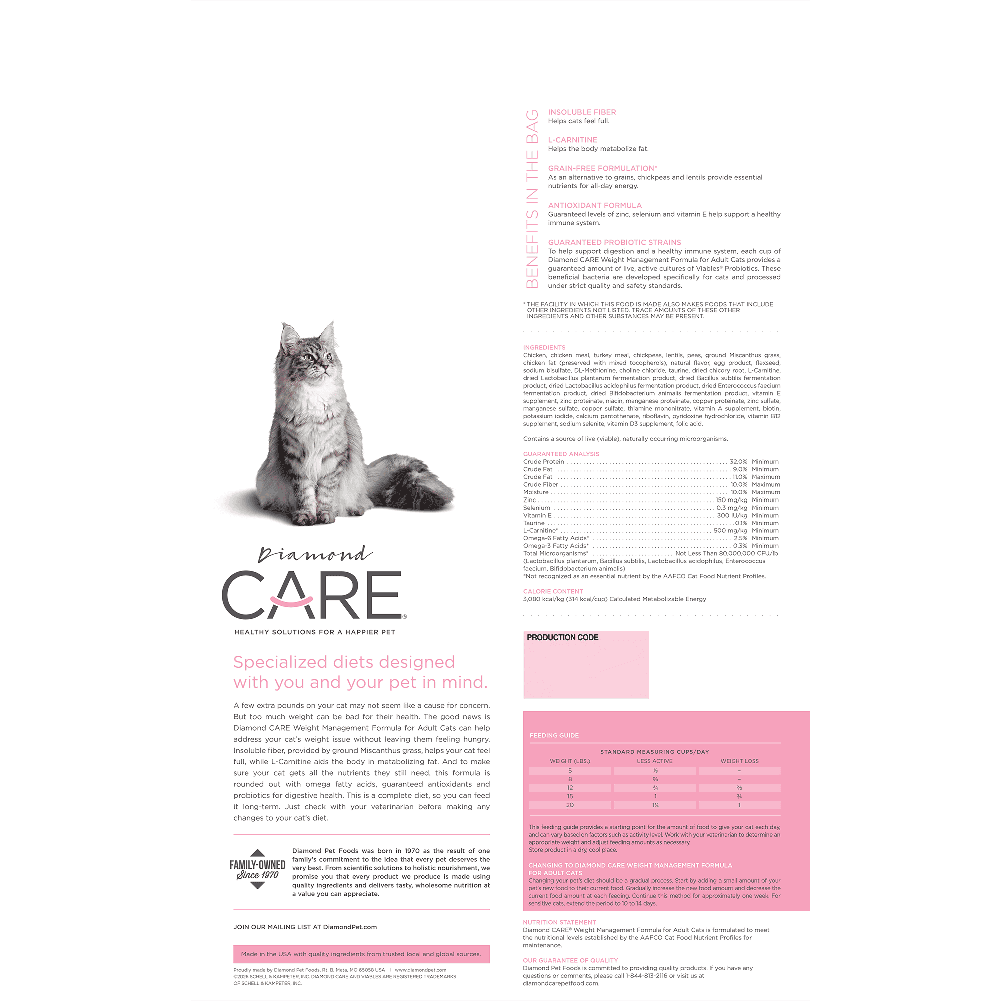 Diamond CARE Weight Management for Cat bag back | Diamond Pet Foods