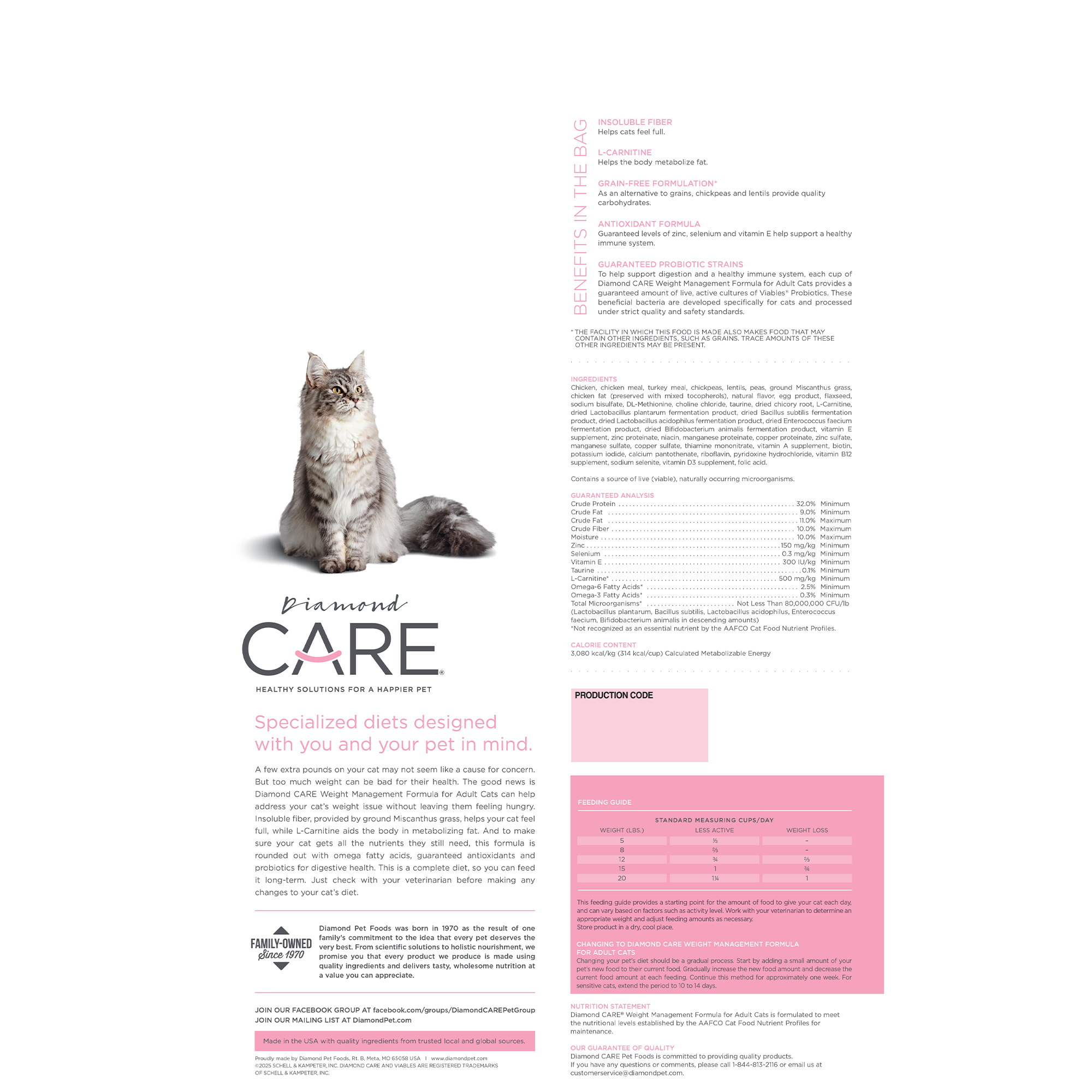 Diamond CARE Weight Management for Cat bag back | Diamond Pet Foods
