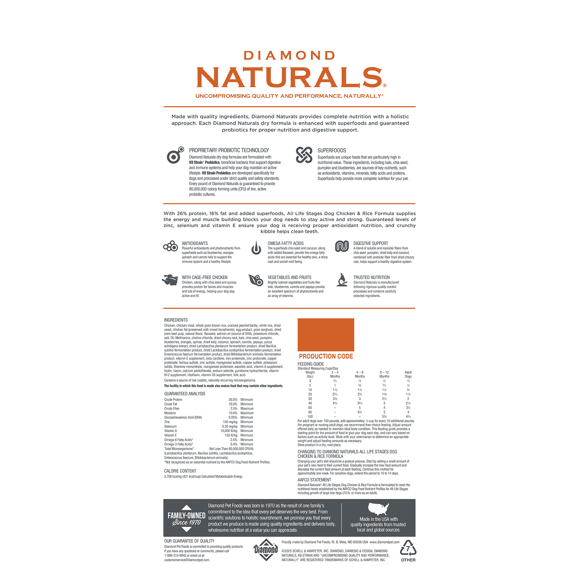 The back of a bag of Diamond Naturals All Life Stages Dog Chicken & Rice Formula.