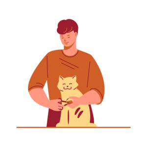 Cartoon Man in Orange Shirt Cutting Cat’s Nails | Diamond Pet Foods
