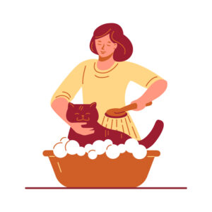 Cartoon Woman in Yellow Shirt Giving Cat a Bath | Diamond Pet Foods