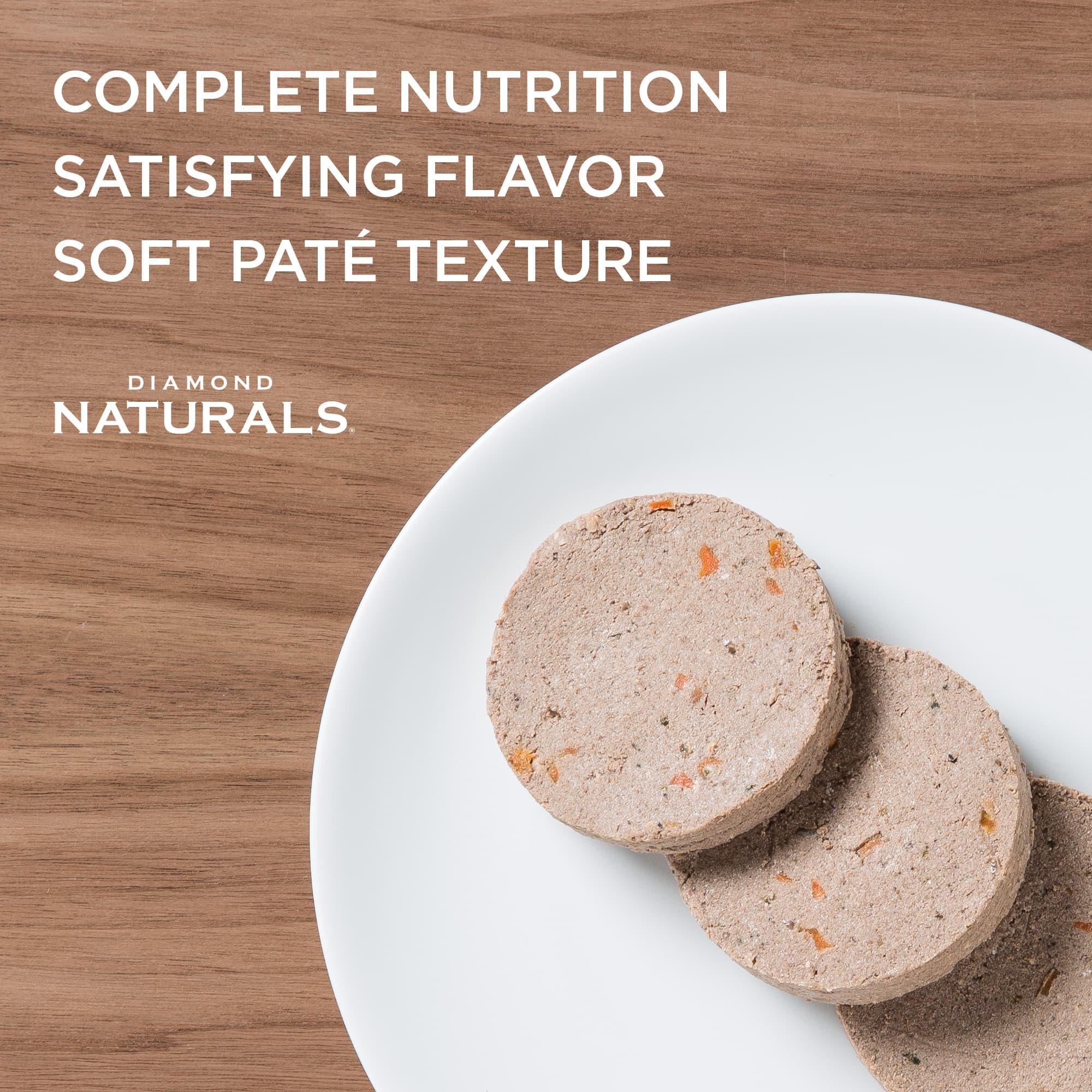 Three paté slices of Diamond Naturals Beef Dinner for Adult Dogs & Puppies on a white plate.