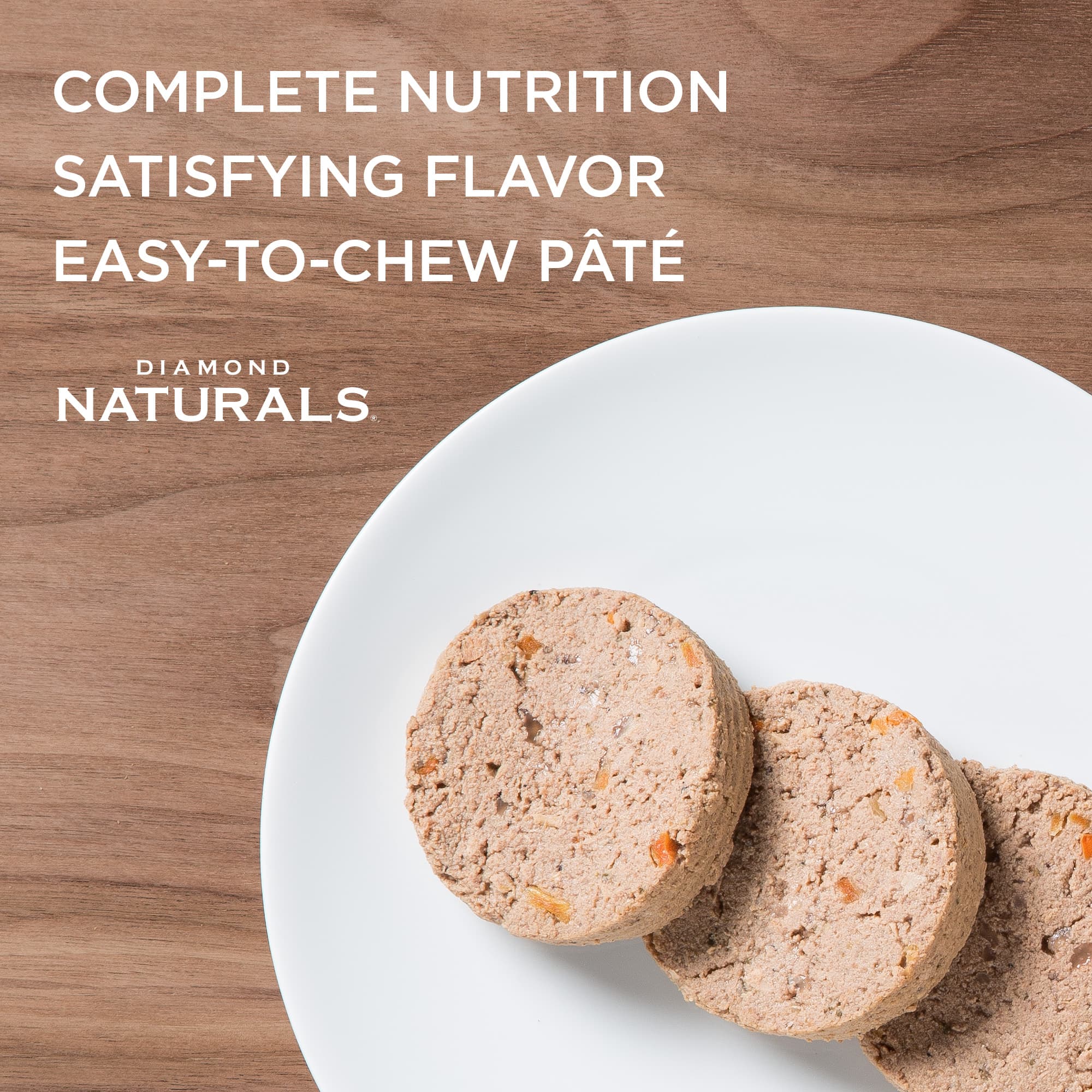 Three paté slices of Diamond Naturals Chicken Dinner for Adult Dogs & Puppies on a white plate.