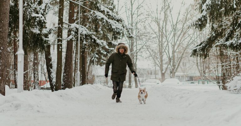 A man walking his dog through the snow in winter.