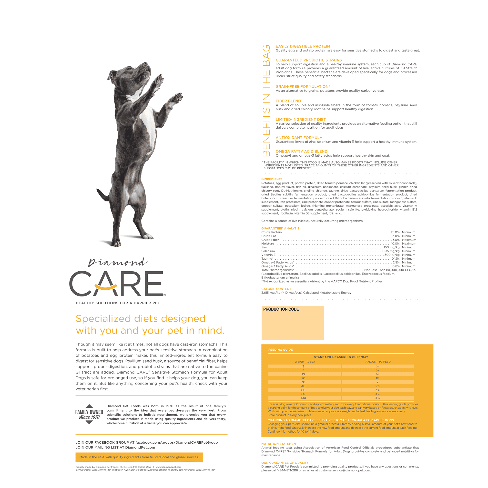 The back of a bag of Diamond Care Sensitive Stomach Formula for adult dogs.