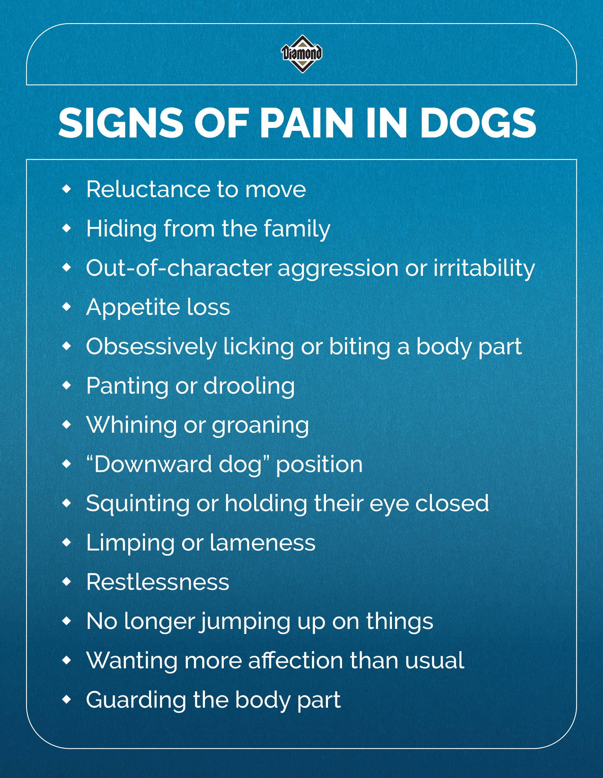 An interior graphic listing out signs of pain in dogs.