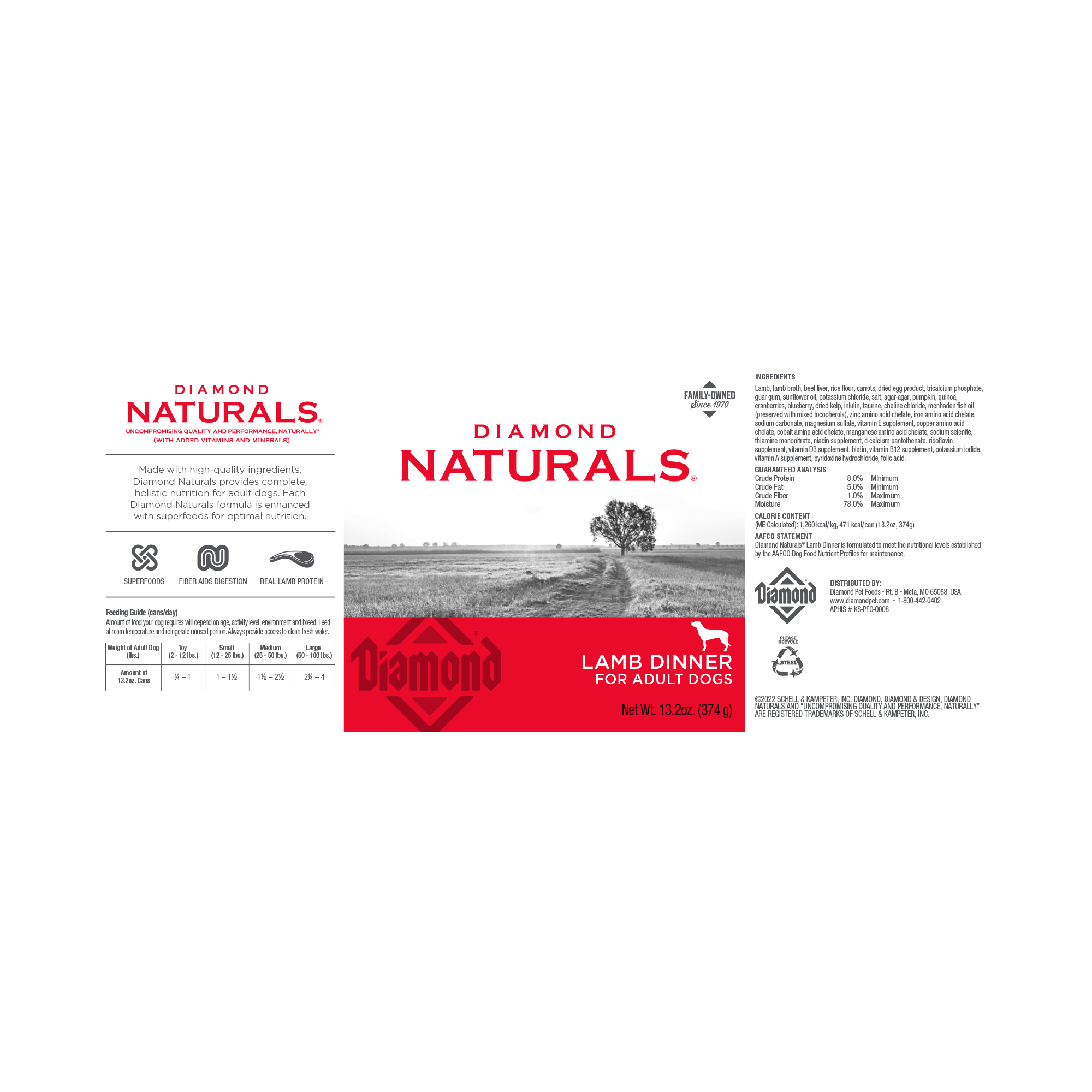 The can label for Diamond Naturals Lamb Dinner for Adult Dogs.