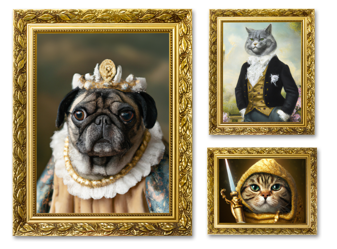 Framed images of pets in costumes.