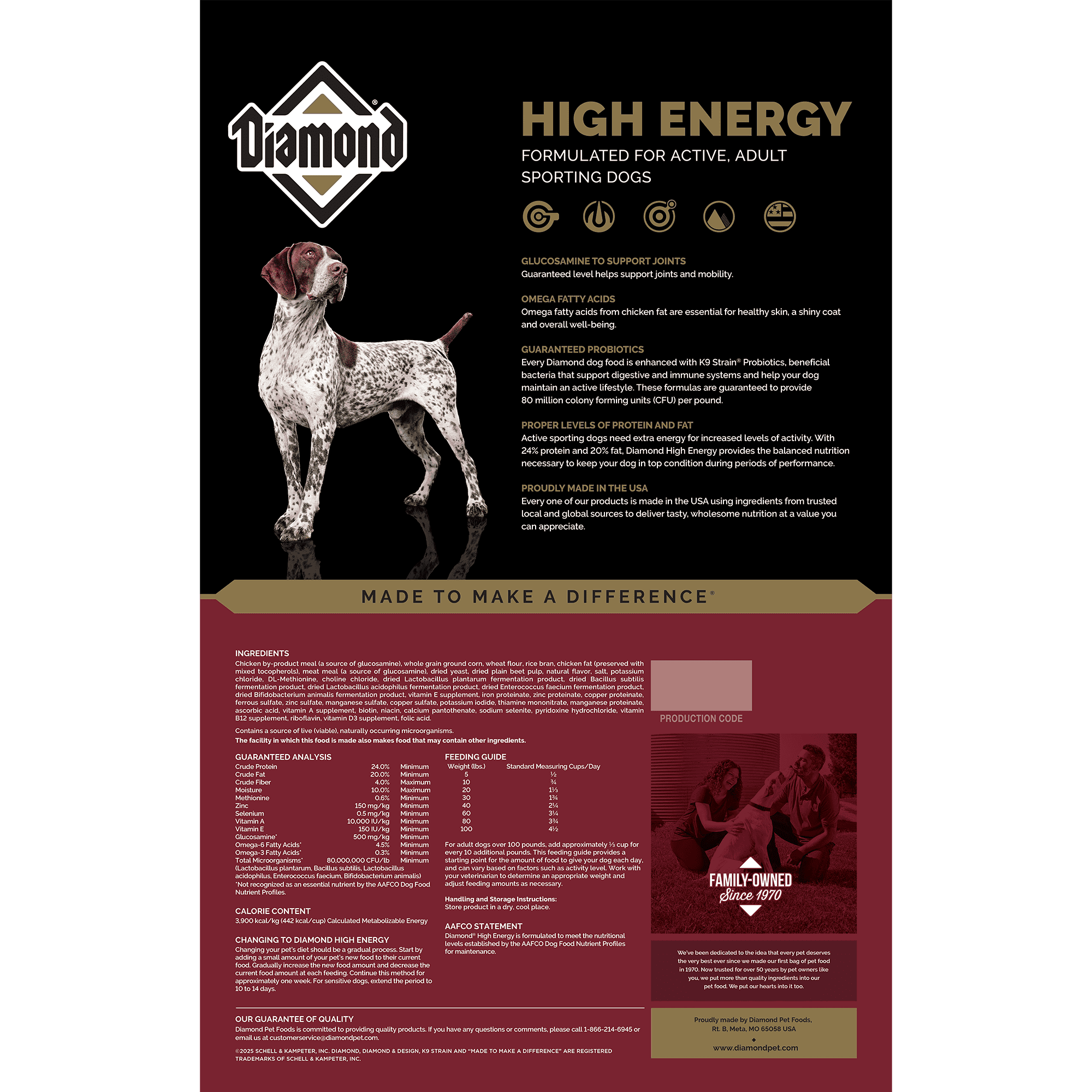 The back of a bag of Diamond High Energy Formula for dogs.
