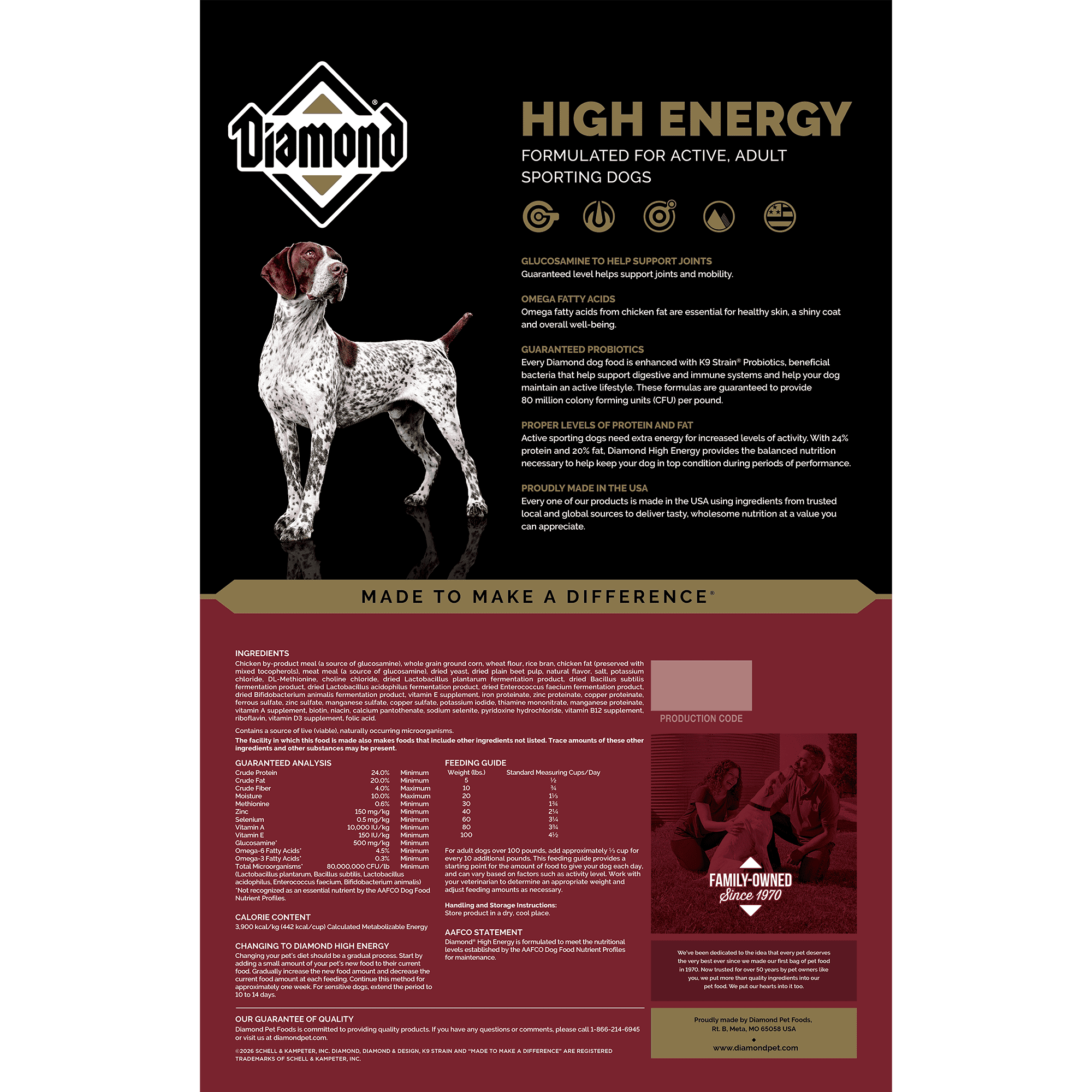 The back of a bag of Diamond High Energy Formula for dogs.