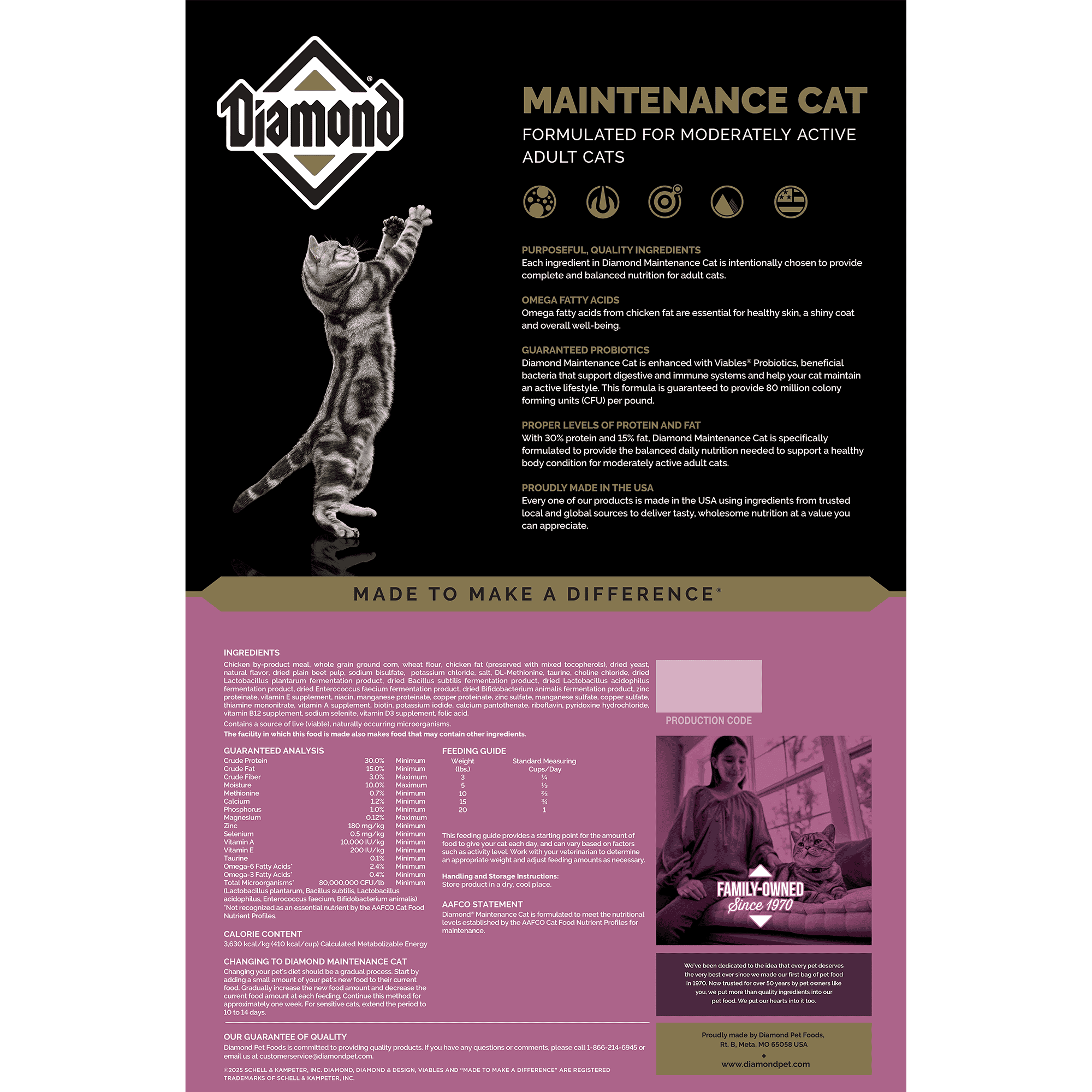 The back of a bag of Diamond Maintenance Cat Formula.