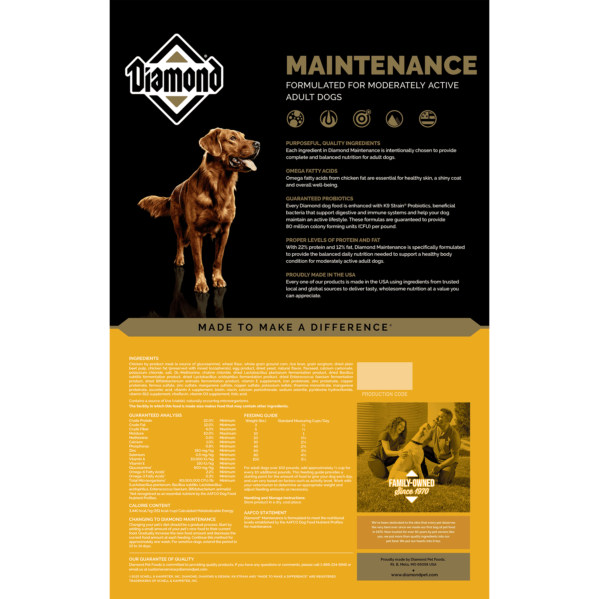 The back of a bag of Diamond Maintenance Formula for dogs.
